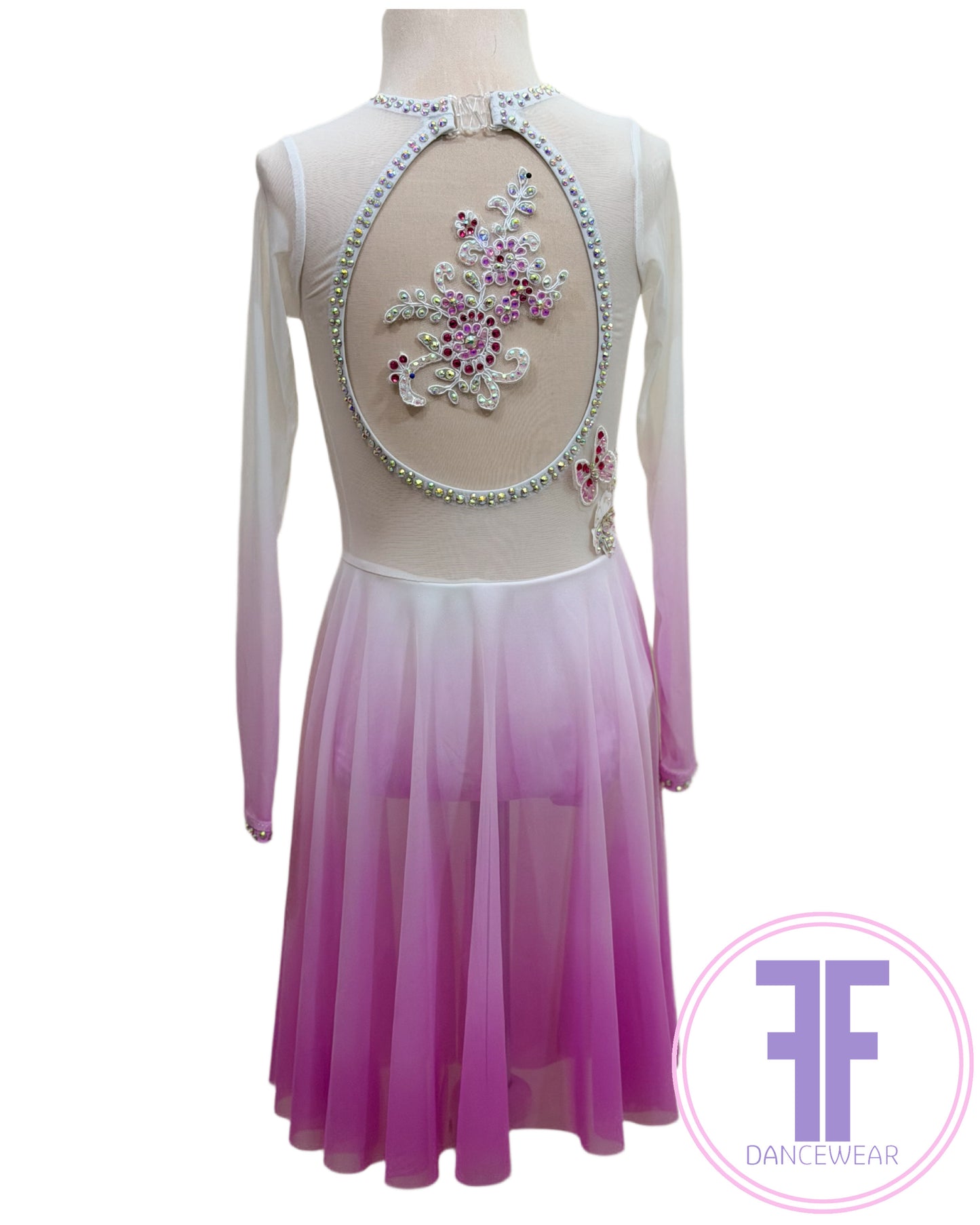BESPOKE Ombre White Fuchsia Stoned Lyrical / Contemporary Dance Costume (5/6yrs)