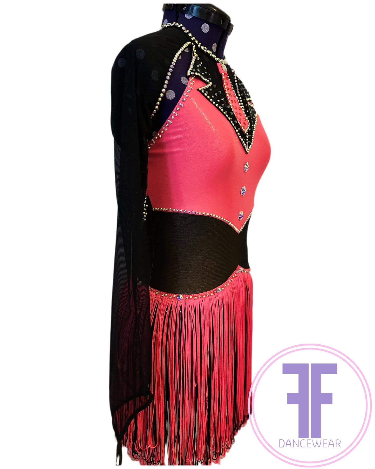 PRE-LOVED Bespoke Tango & Black Stoned Fringed Modern / Jazz / Dance Costume (Approx AXS)