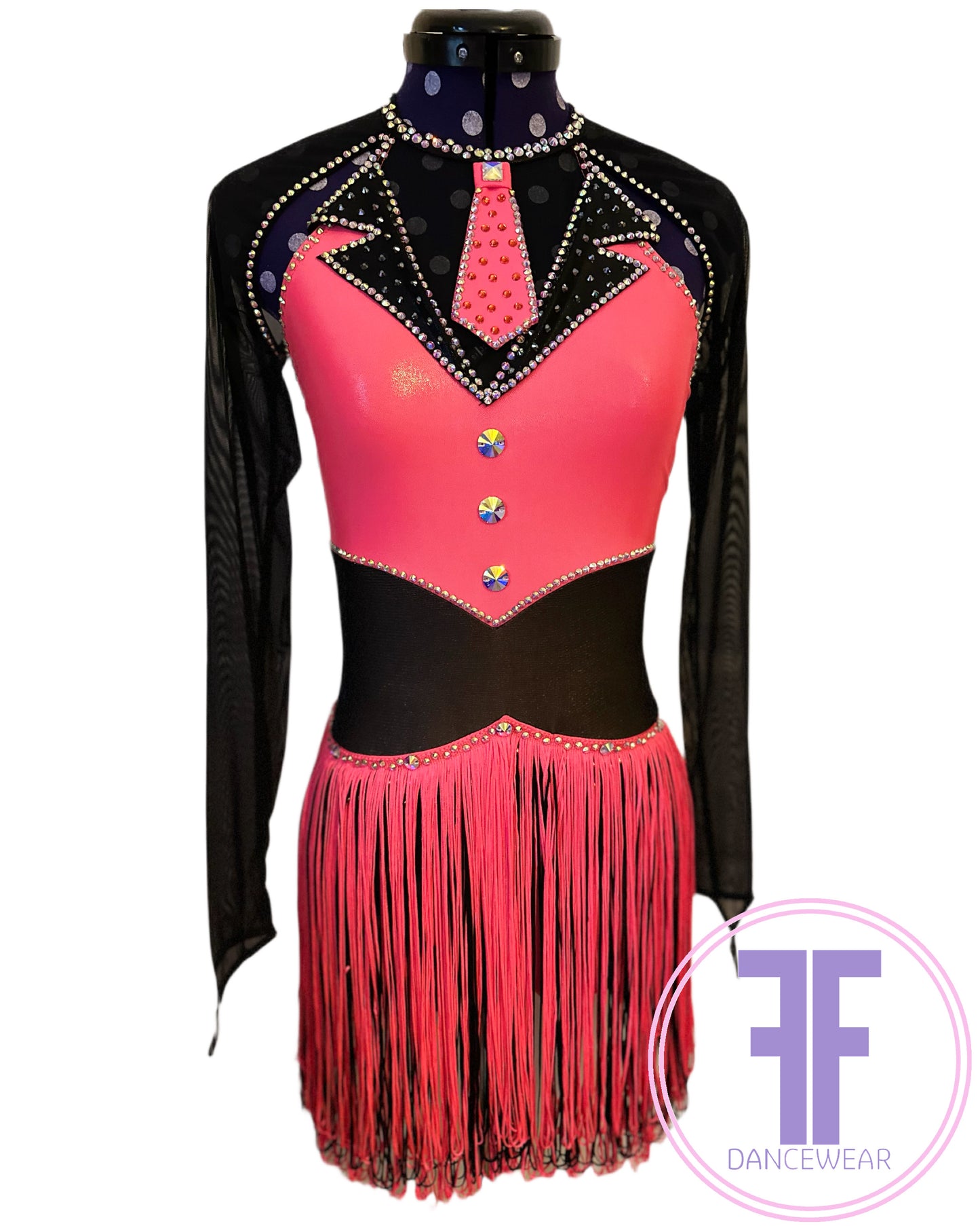 PRE-LOVED Bespoke Tango & Black Stoned Fringed Modern / Jazz / Dance Costume (Approx AXS)