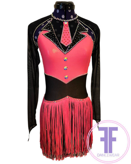 PRE-LOVED Bespoke Tango & Black Stoned Fringed Modern / Jazz / Dance Costume (Approx AXS)