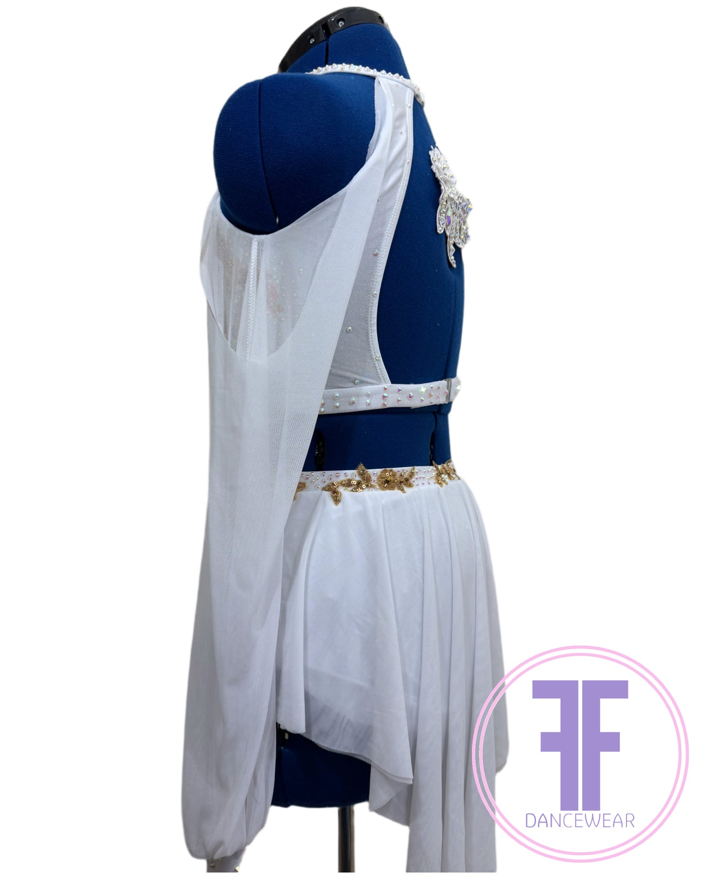 Bespoke White & Gold Stoned Lyrical / Contemporary Dance Costume (AS)