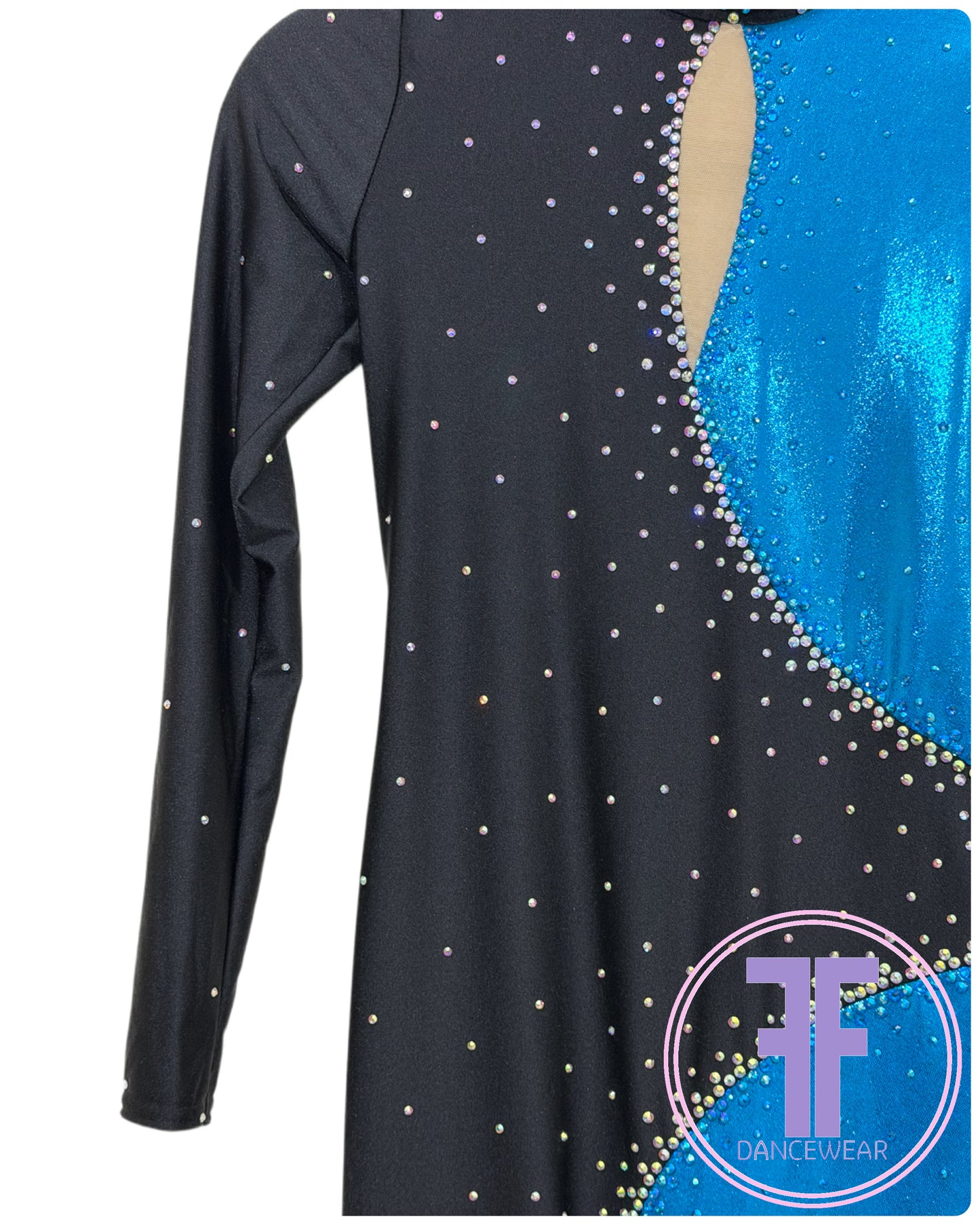 BESPOKE Ocean Blue & Black Stoned Modern / Jazz / Acro Unitard (Adult XS)