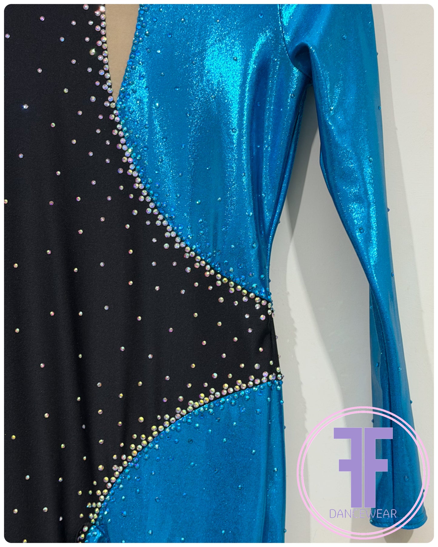 BESPOKE Ocean Blue & Black Stoned Modern / Jazz / Acro Unitard (Adult XS)