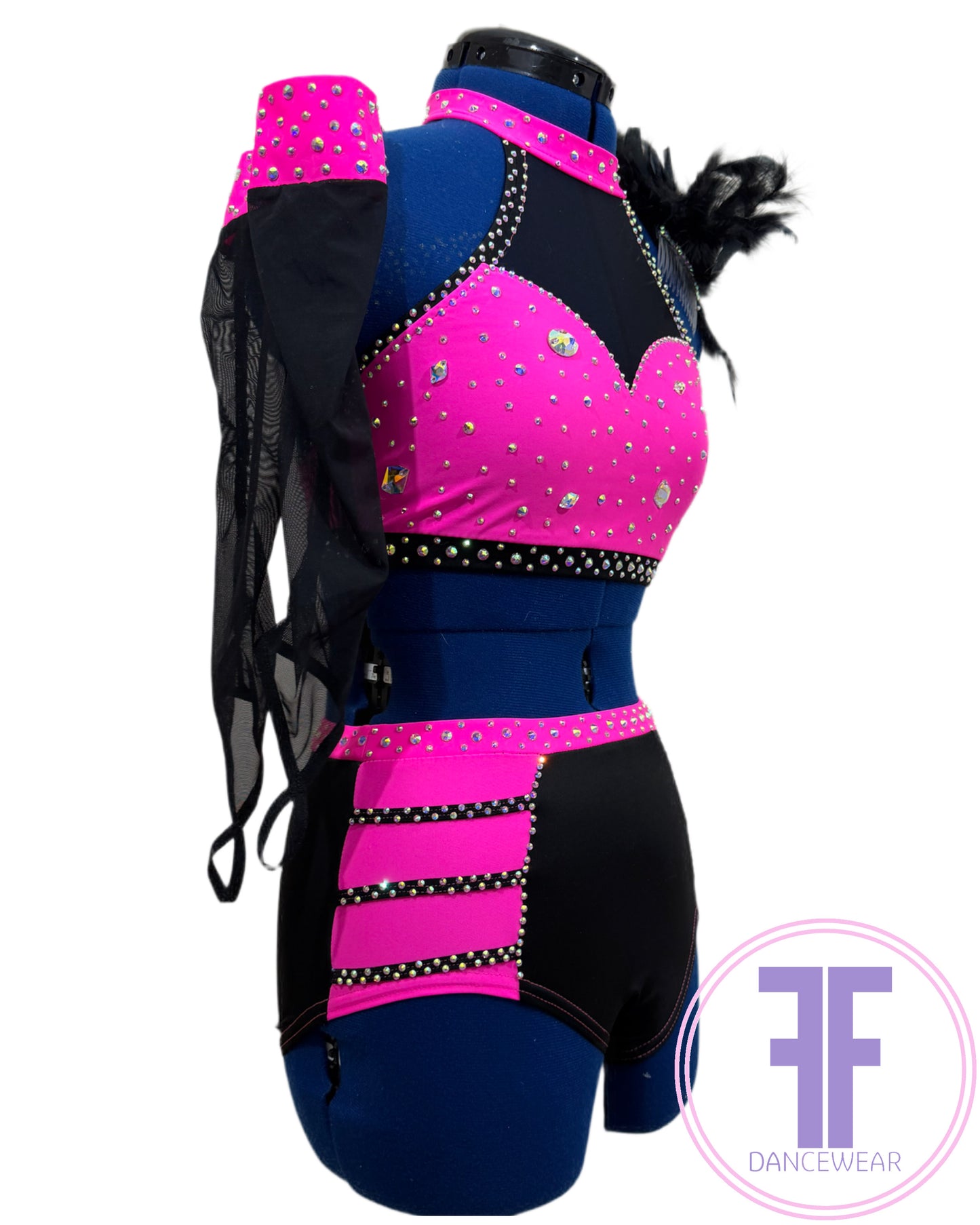 BESPOKE Neon Pink & Black Stoned Modern / Tap / Acro Dance Costume (AS)