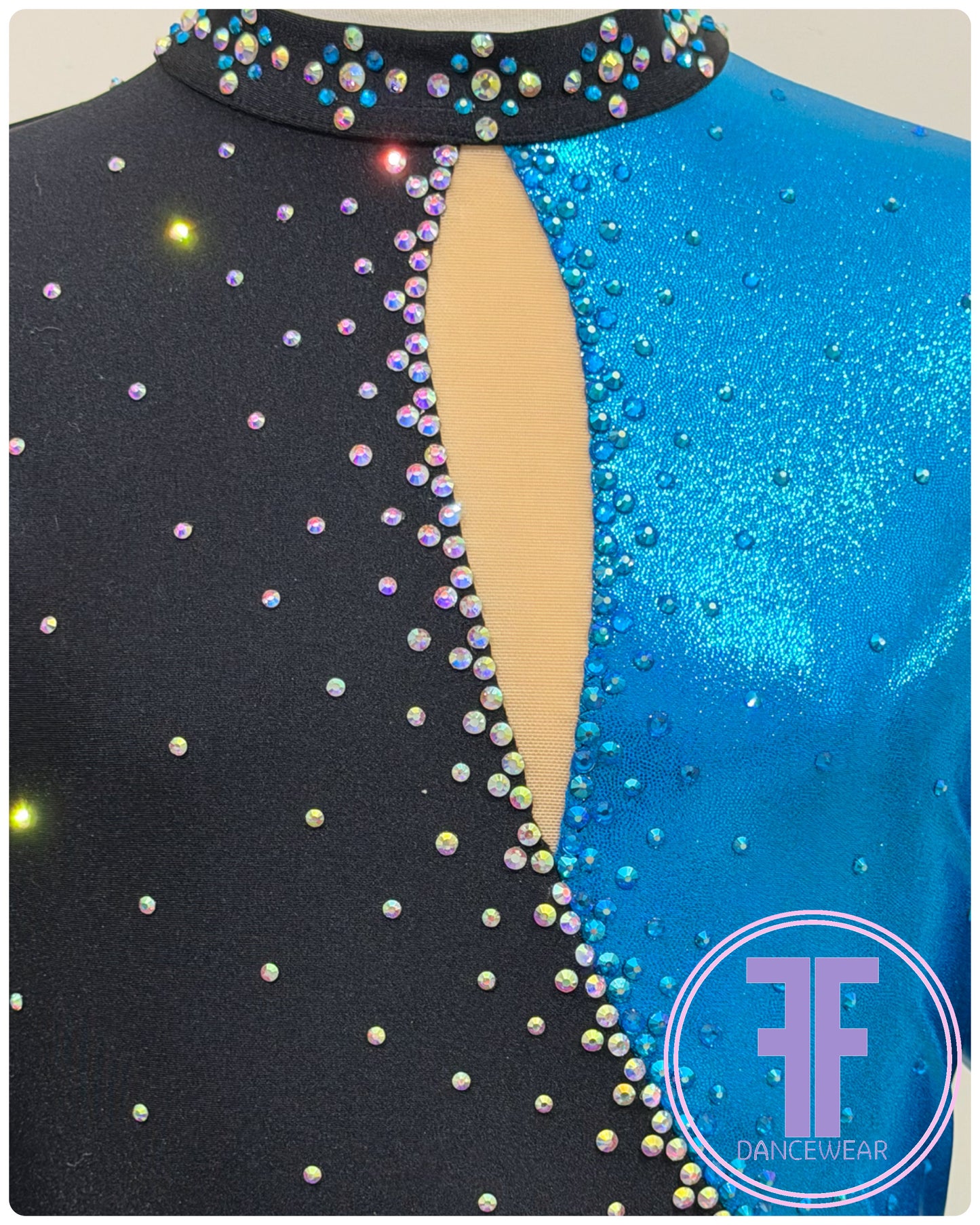 BESPOKE Ocean Blue & Black Stoned Modern / Jazz / Acro Unitard (Adult XS)