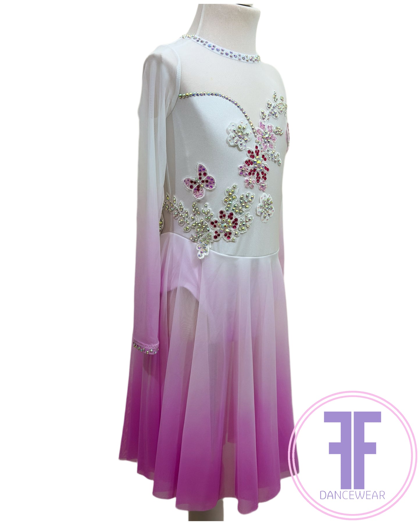 BESPOKE Ombre White Fuchsia Stoned Lyrical / Contemporary Dance Costume (5/6yrs)