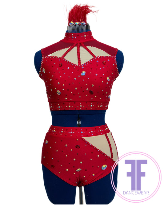 BESPOKE Red Stoned Modern / Tap / Acro Dance Costume (AS)