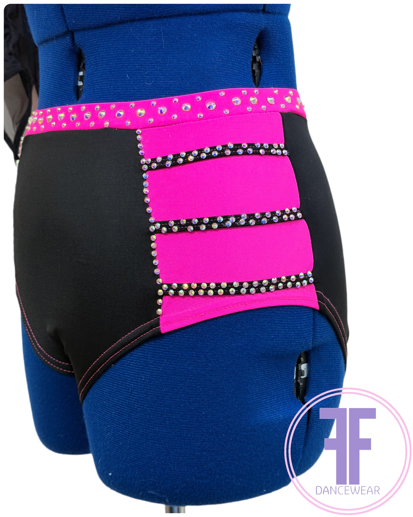 BESPOKE Neon Pink & Black Stoned Modern / Tap / Acro Dance Costume (AS)