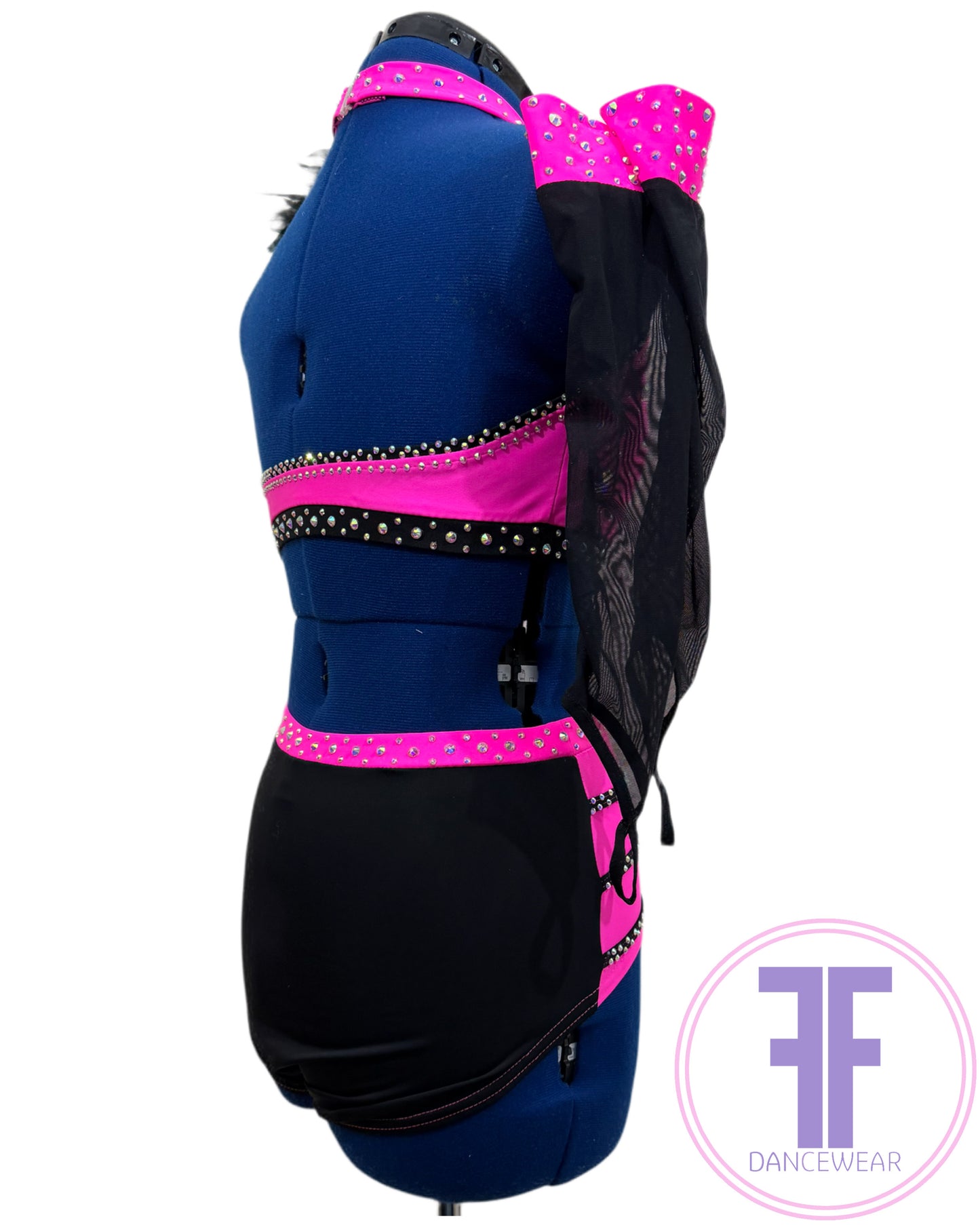 BESPOKE Neon Pink & Black Stoned Modern / Tap / Acro Dance Costume (AS)