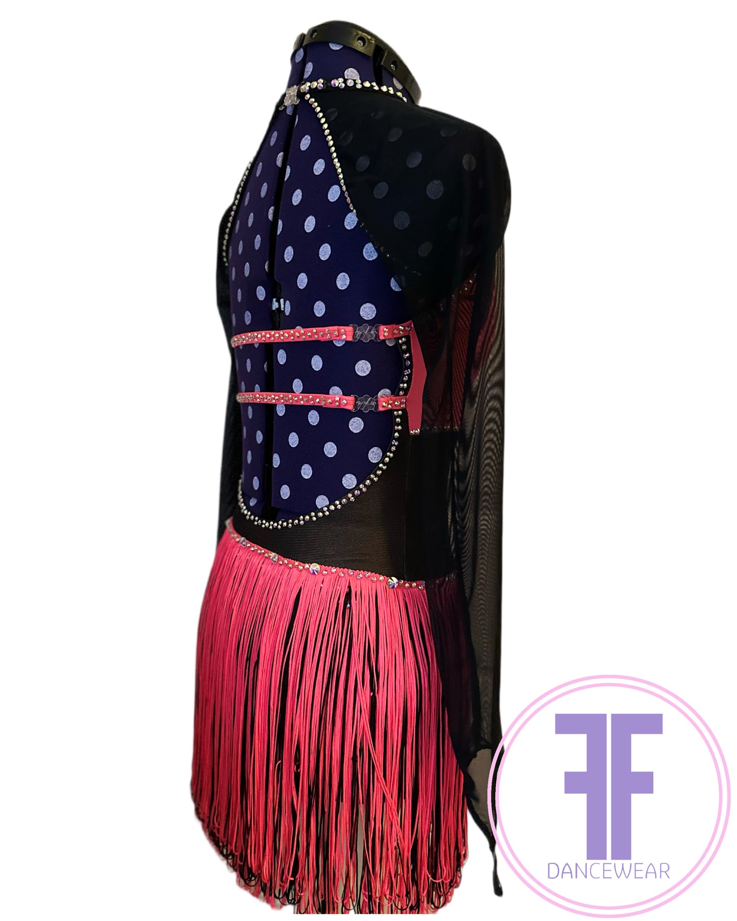 PRE-LOVED Bespoke Tango & Black Stoned Fringed Modern / Jazz / Dance Costume (Approx AXS)