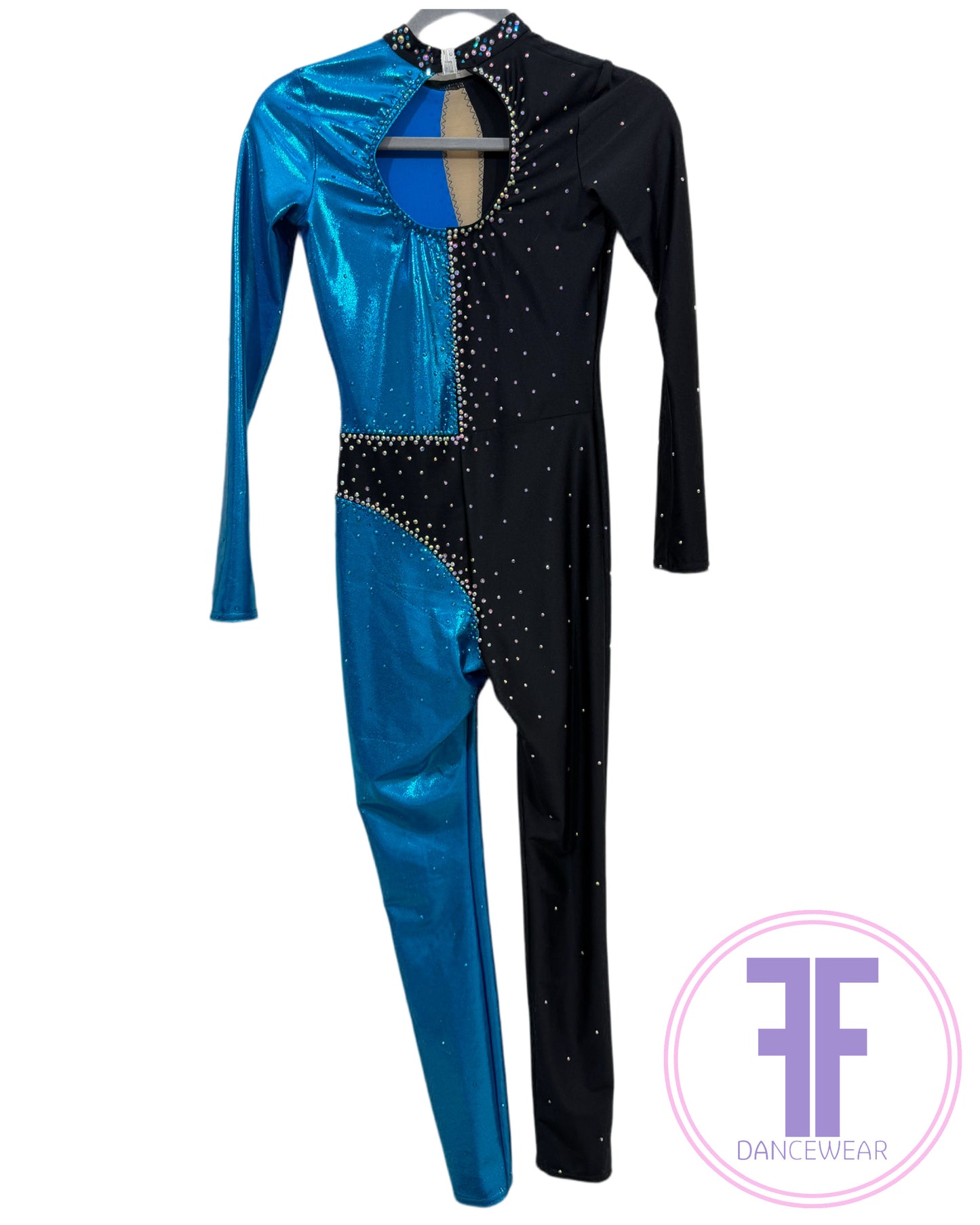 BESPOKE Ocean Blue & Black Stoned Modern / Jazz / Acro Unitard (Adult XS)