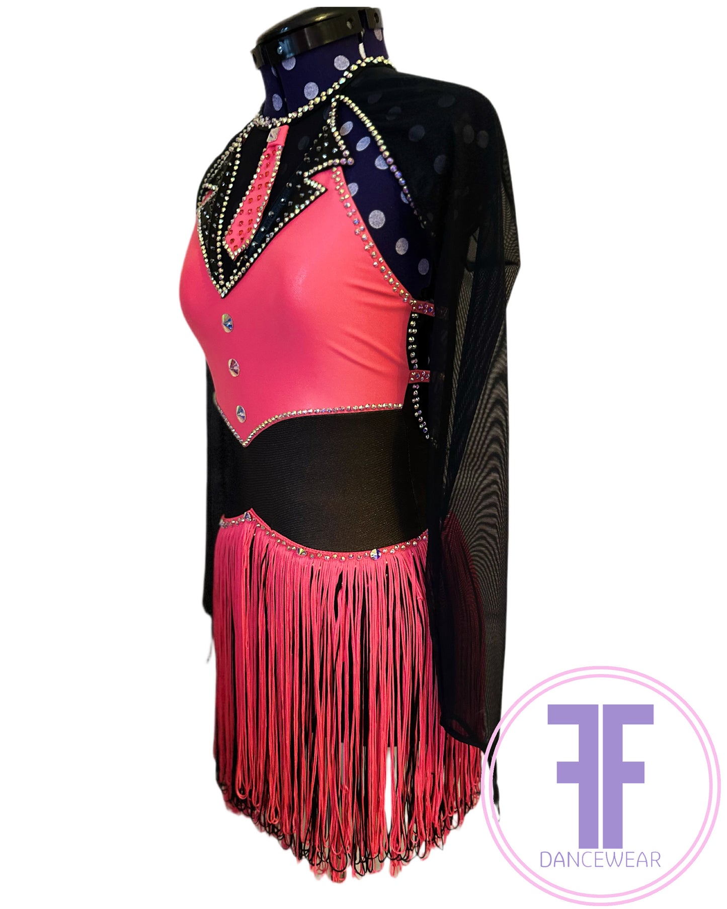 PRE-LOVED Bespoke Tango & Black Stoned Fringed Modern / Jazz / Dance Costume (Approx AXS)