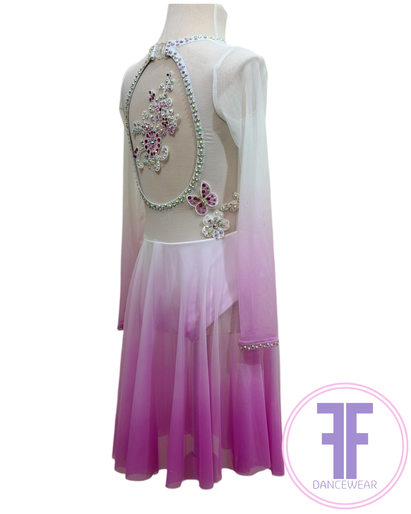 BESPOKE Ombre White Fuchsia Stoned Lyrical / Contemporary Dance Costume (5/6yrs)