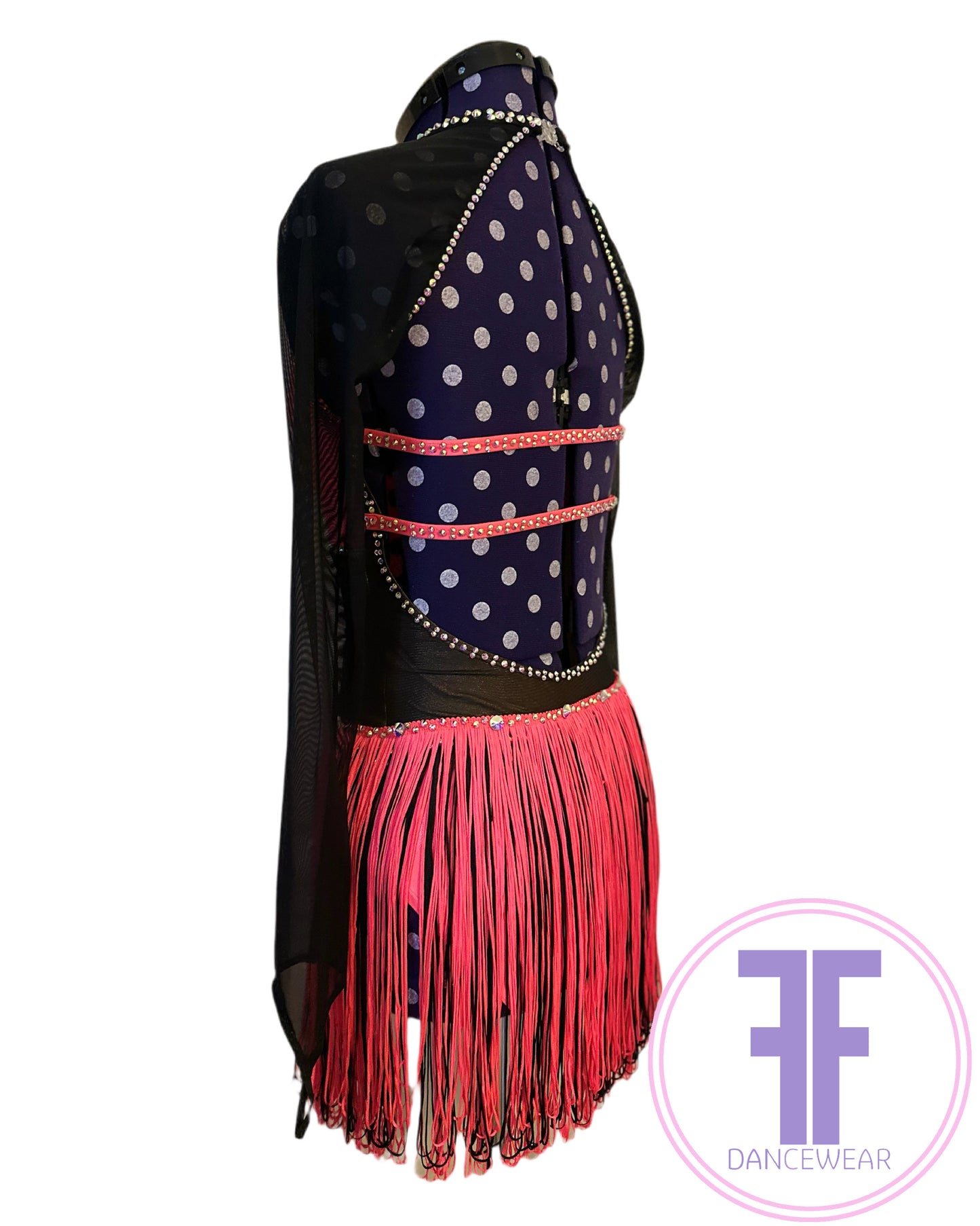 PRE-LOVED Bespoke Tango & Black Stoned Fringed Modern / Jazz / Dance Costume (Approx AXS)
