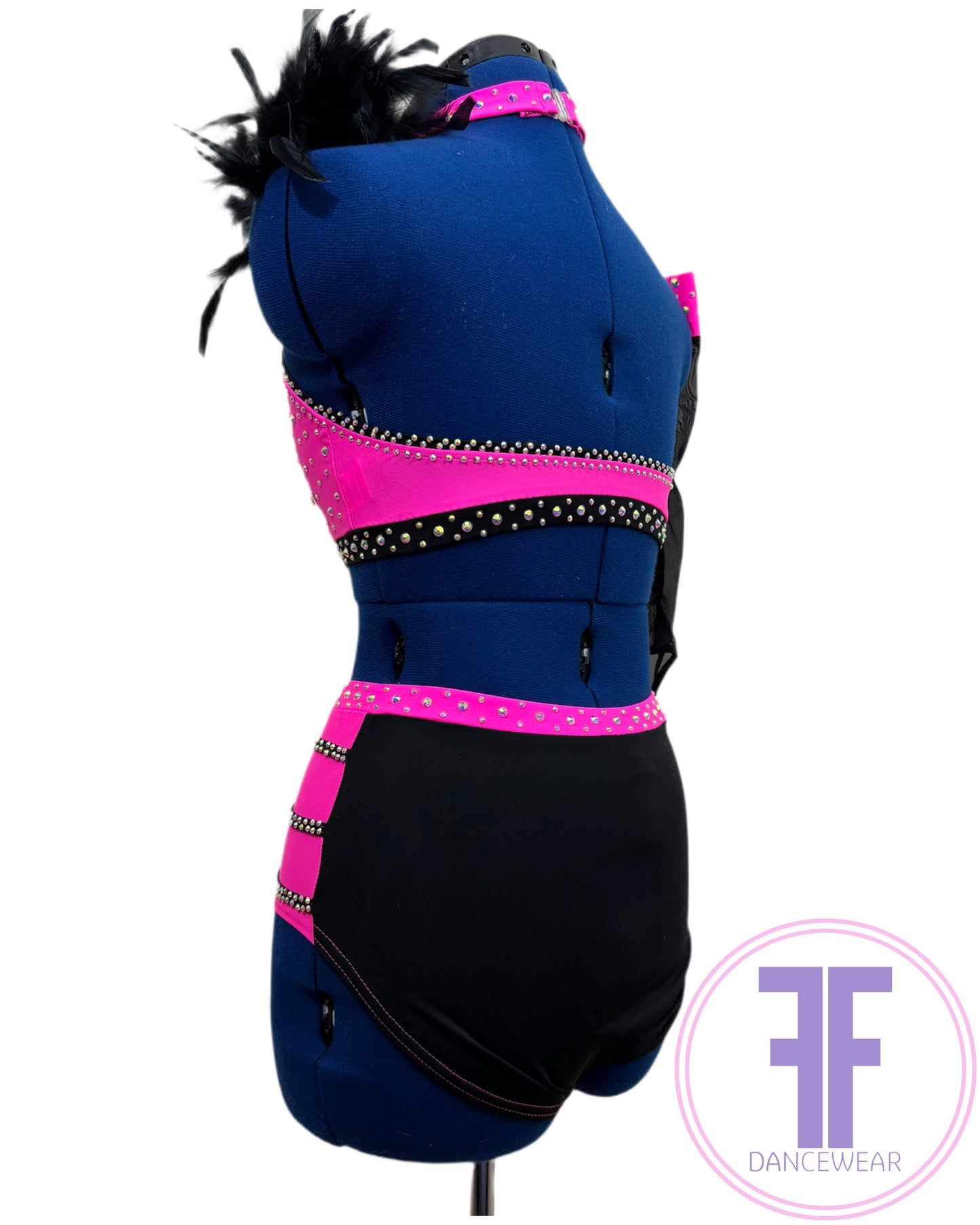 BESPOKE Neon Pink & Black Stoned Modern / Tap / Acro Dance Costume (AS)