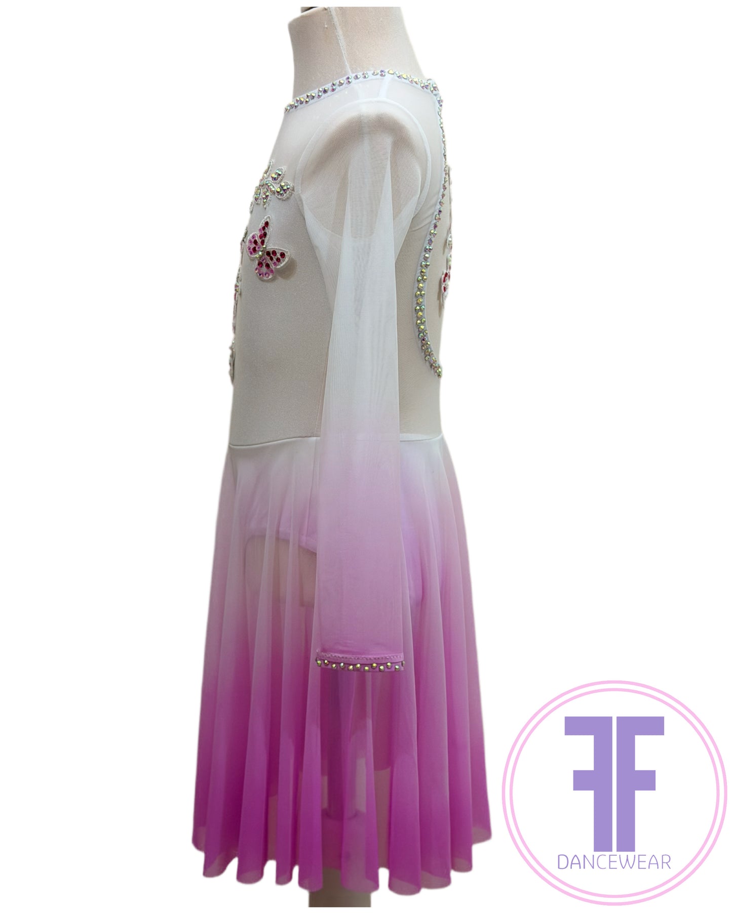 BESPOKE Ombre White Fuchsia Stoned Lyrical / Contemporary Dance Costume (5/6yrs)