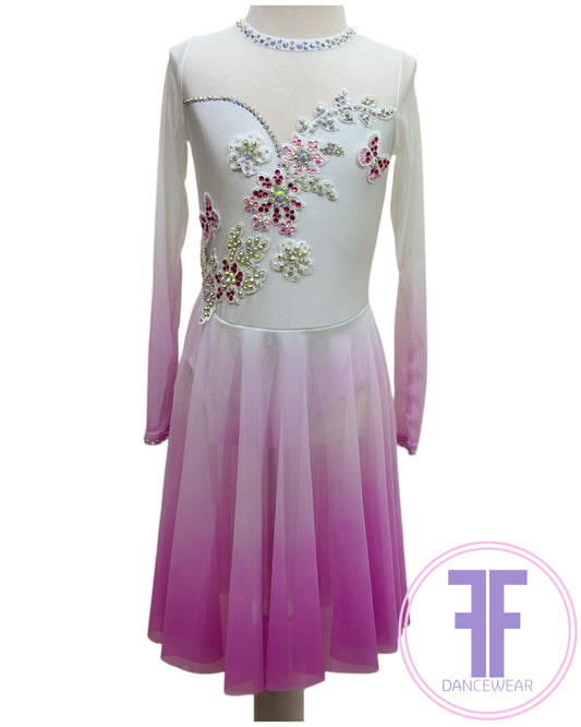 BESPOKE Ombre White Fuchsia Stoned Lyrical / Contemporary Dance Costume (5/6yrs)