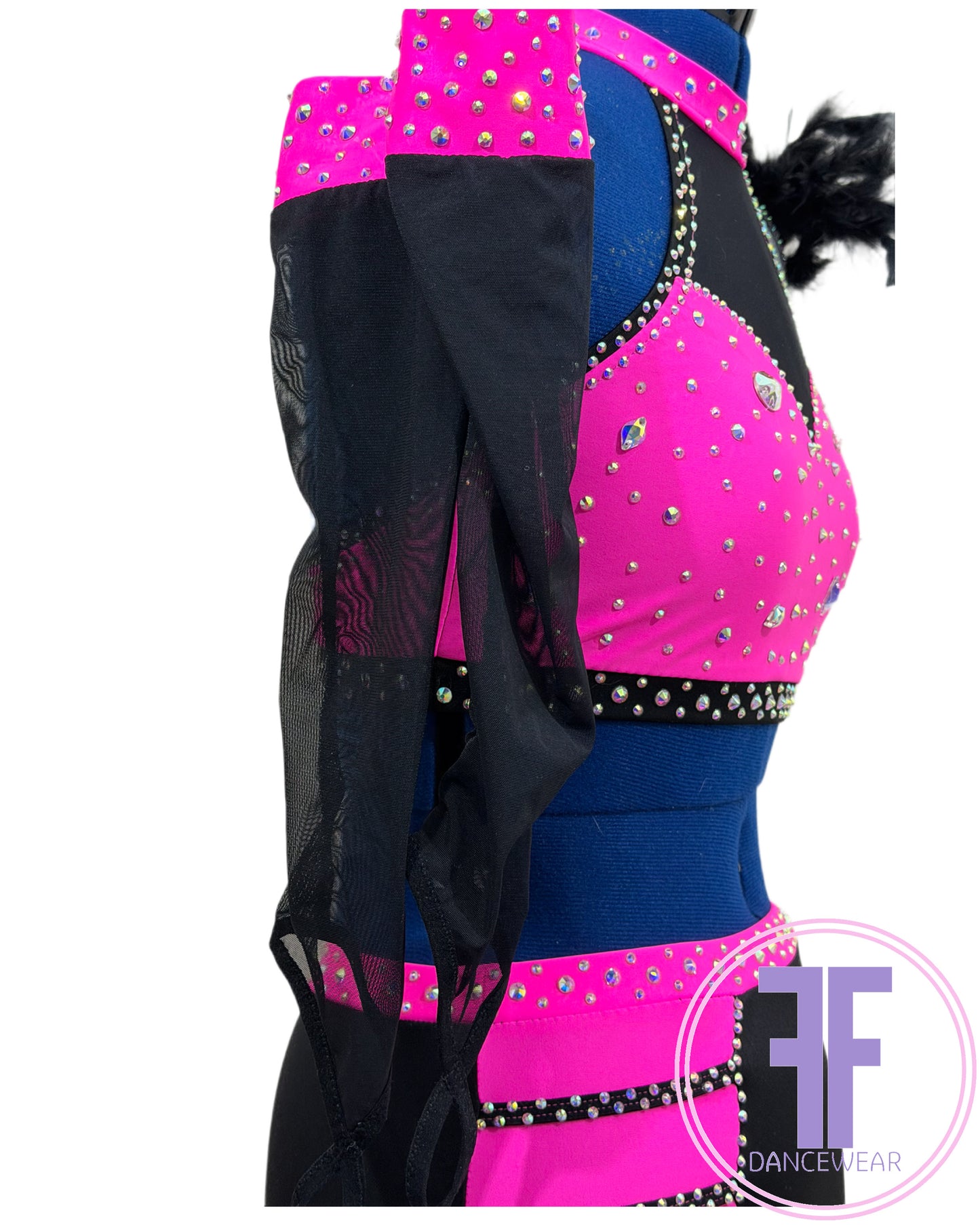 BESPOKE Neon Pink & Black Stoned Modern / Tap / Acro Dance Costume (AS)