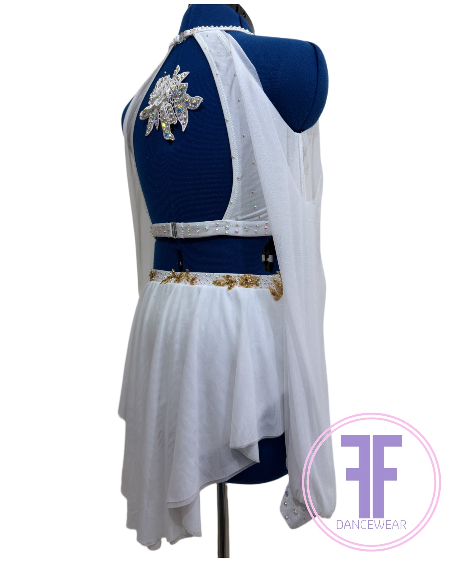 Bespoke White & Gold Stoned Lyrical / Contemporary Dance Costume (AS)