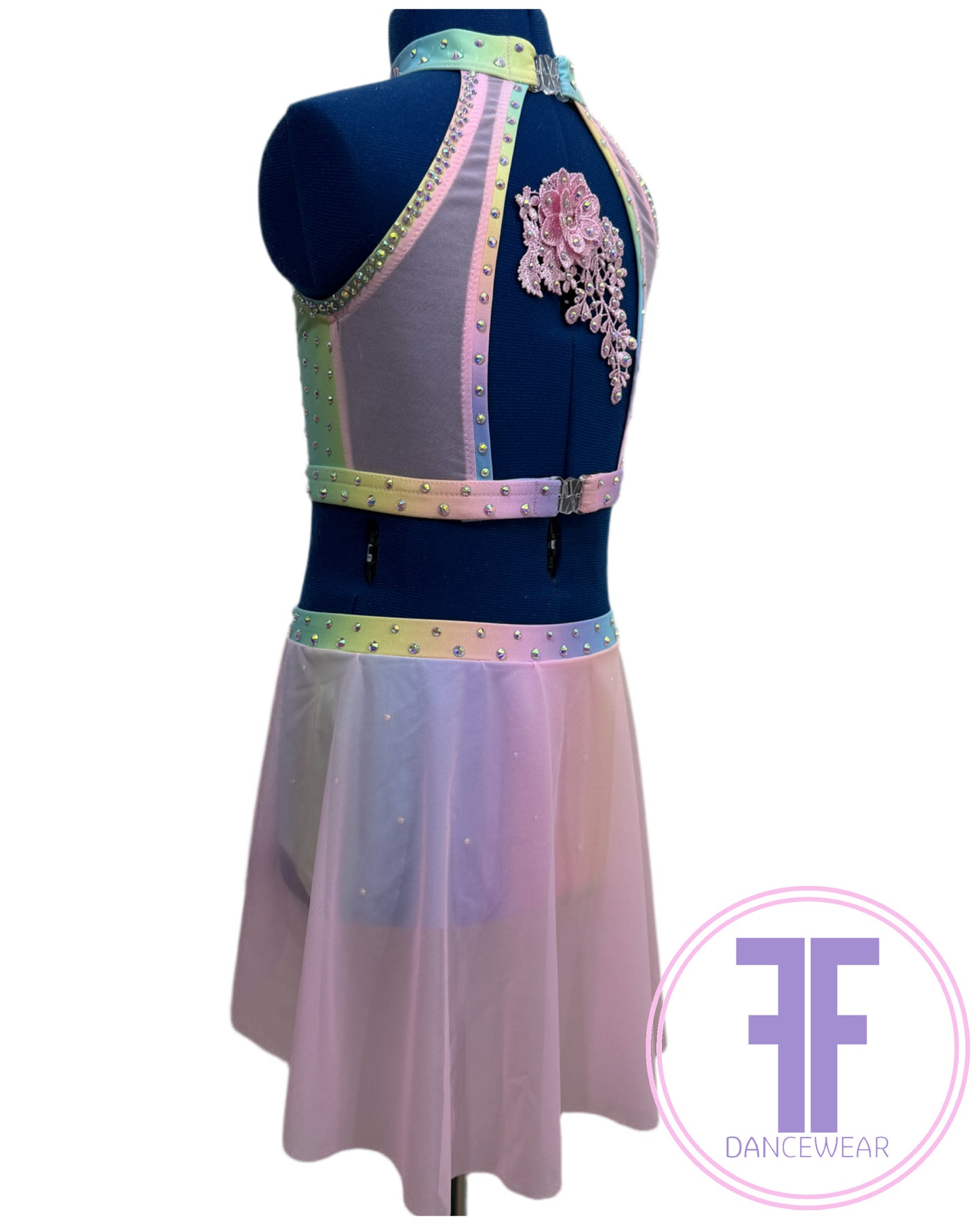 ELENA Pastel Rainbow & Pink Stoned Lyrical / Contemporary Dance Costume (7/8 yrs)