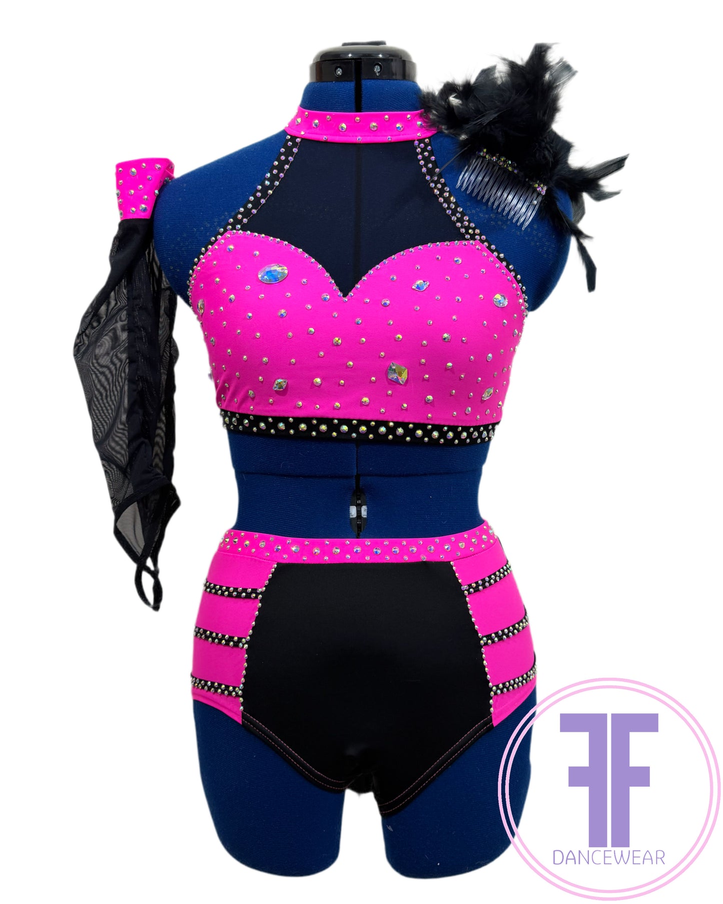 BESPOKE Neon Pink & Black Stoned Modern / Tap / Acro Dance Costume (AS)