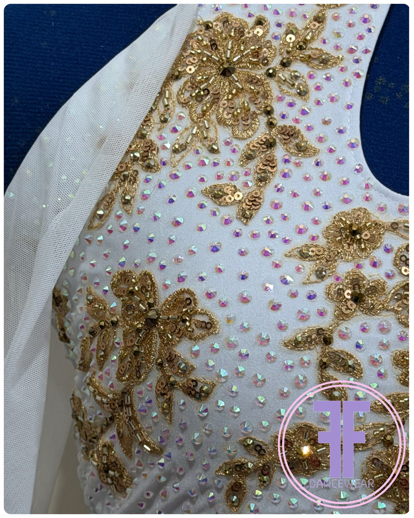 Bespoke White & Gold Stoned Lyrical / Contemporary Dance Costume (AS)