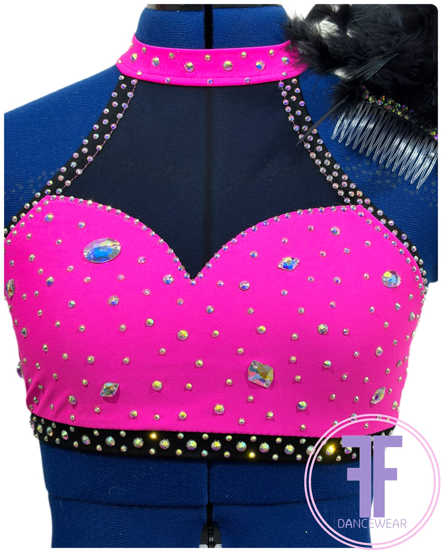 BESPOKE Neon Pink & Black Stoned Modern / Tap / Acro Dance Costume (AS)