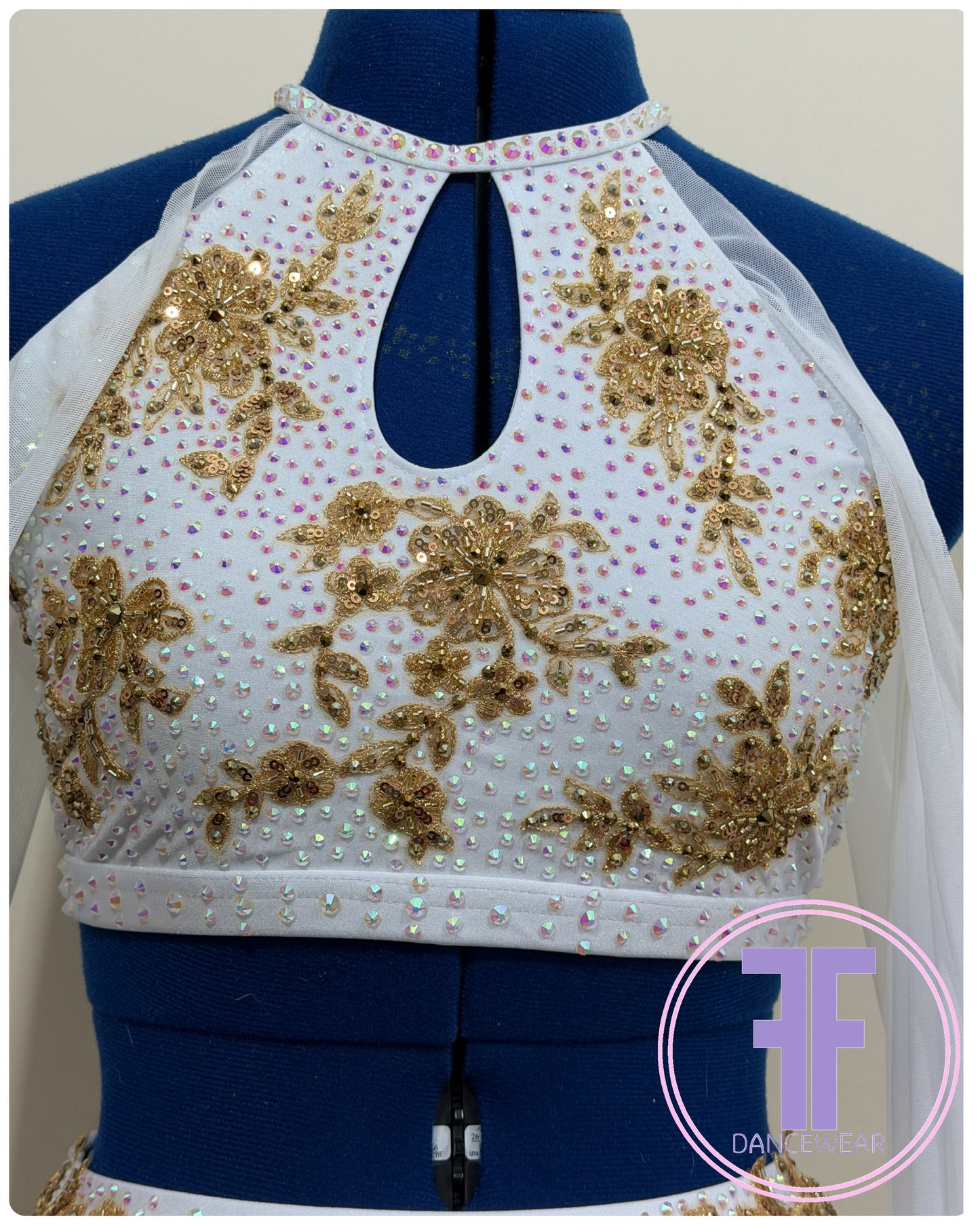 Bespoke White & Gold Stoned Lyrical / Contemporary Dance Costume (AS)