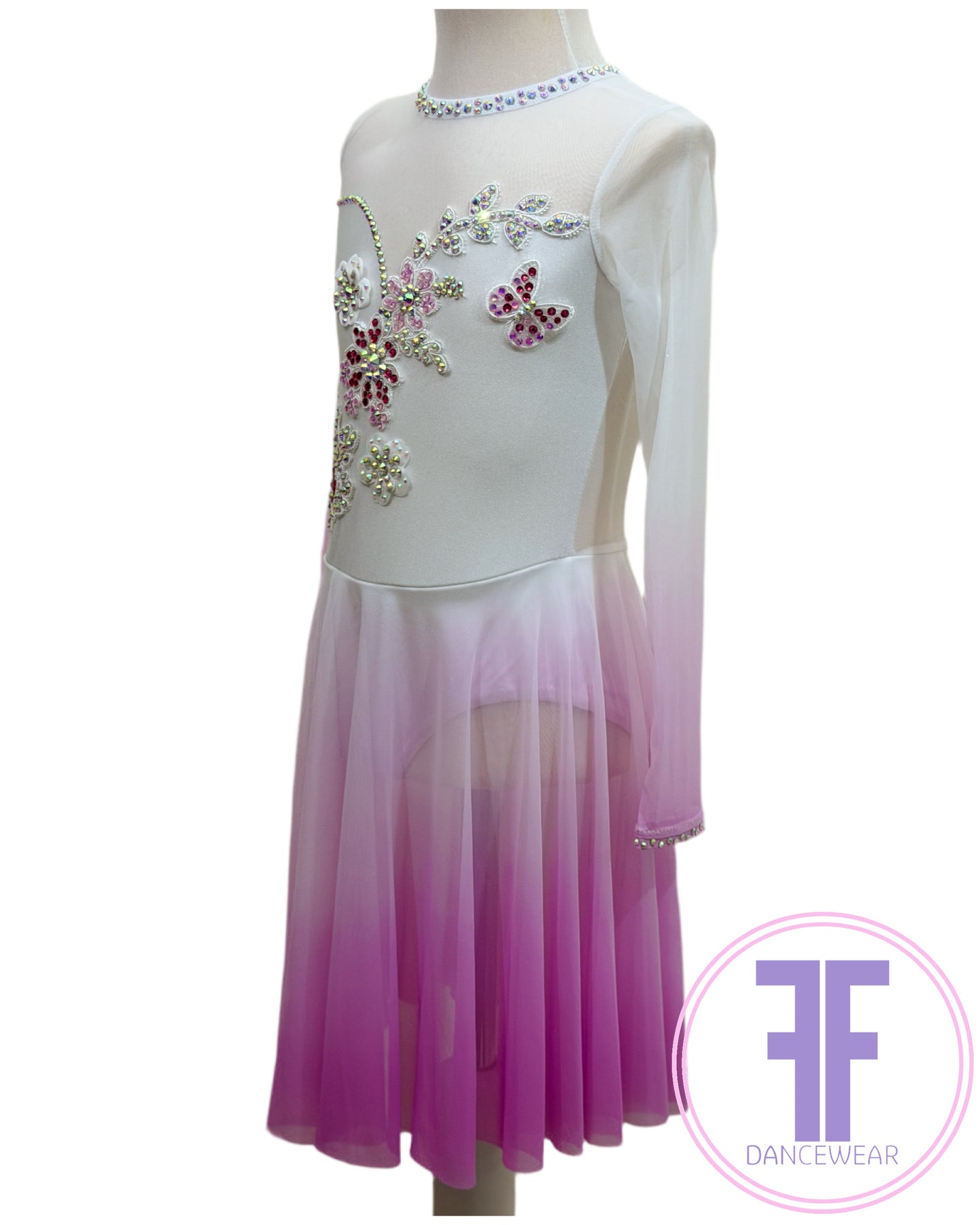 BESPOKE Ombre White Fuchsia Stoned Lyrical / Contemporary Dance Costume (5/6yrs)