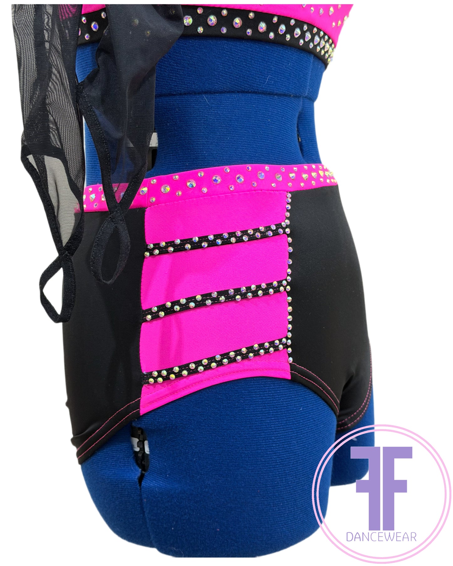 BESPOKE Neon Pink & Black Stoned Modern / Tap / Acro Dance Costume (AS)