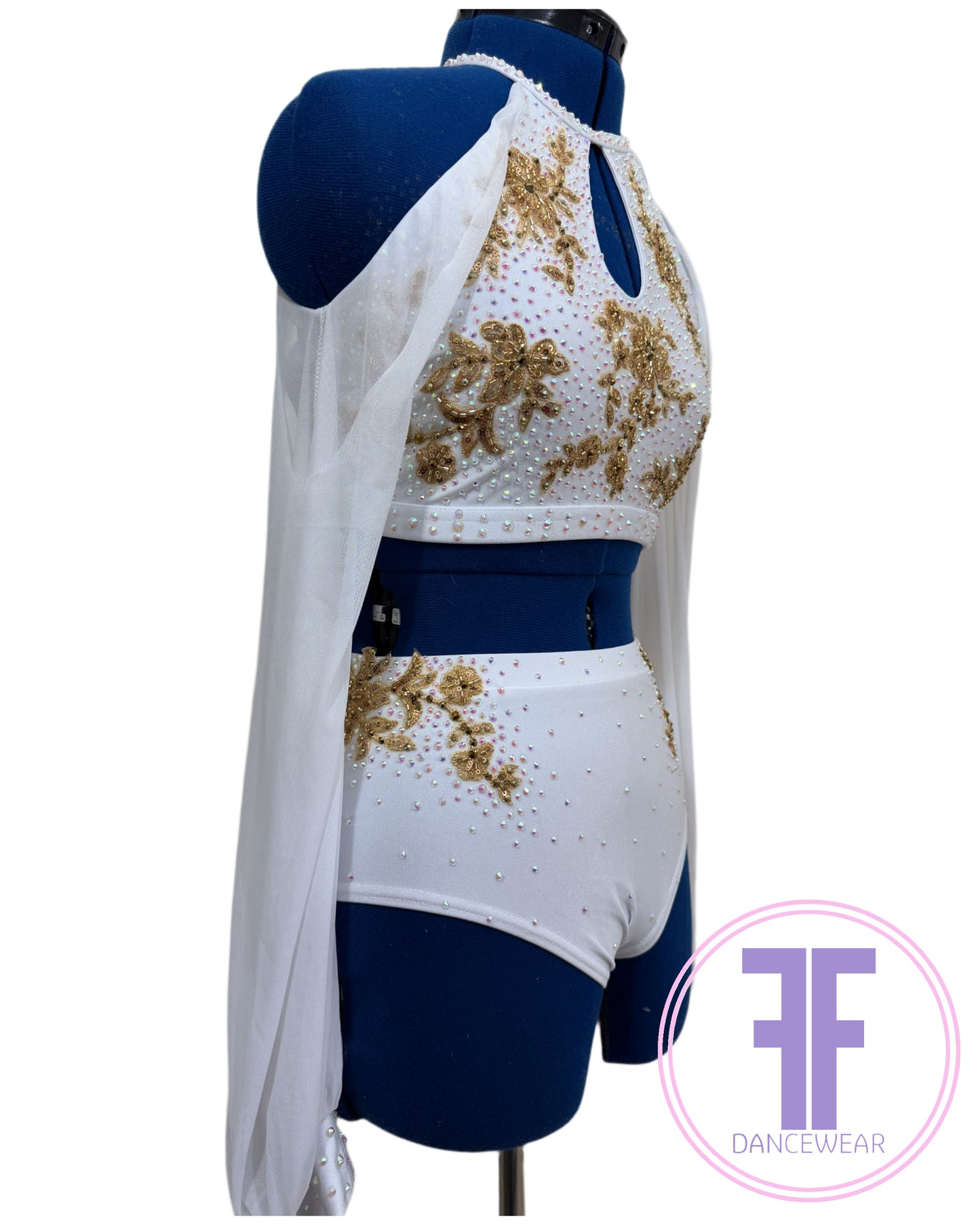 Bespoke White & Gold Stoned Lyrical / Contemporary Dance Costume (AS)