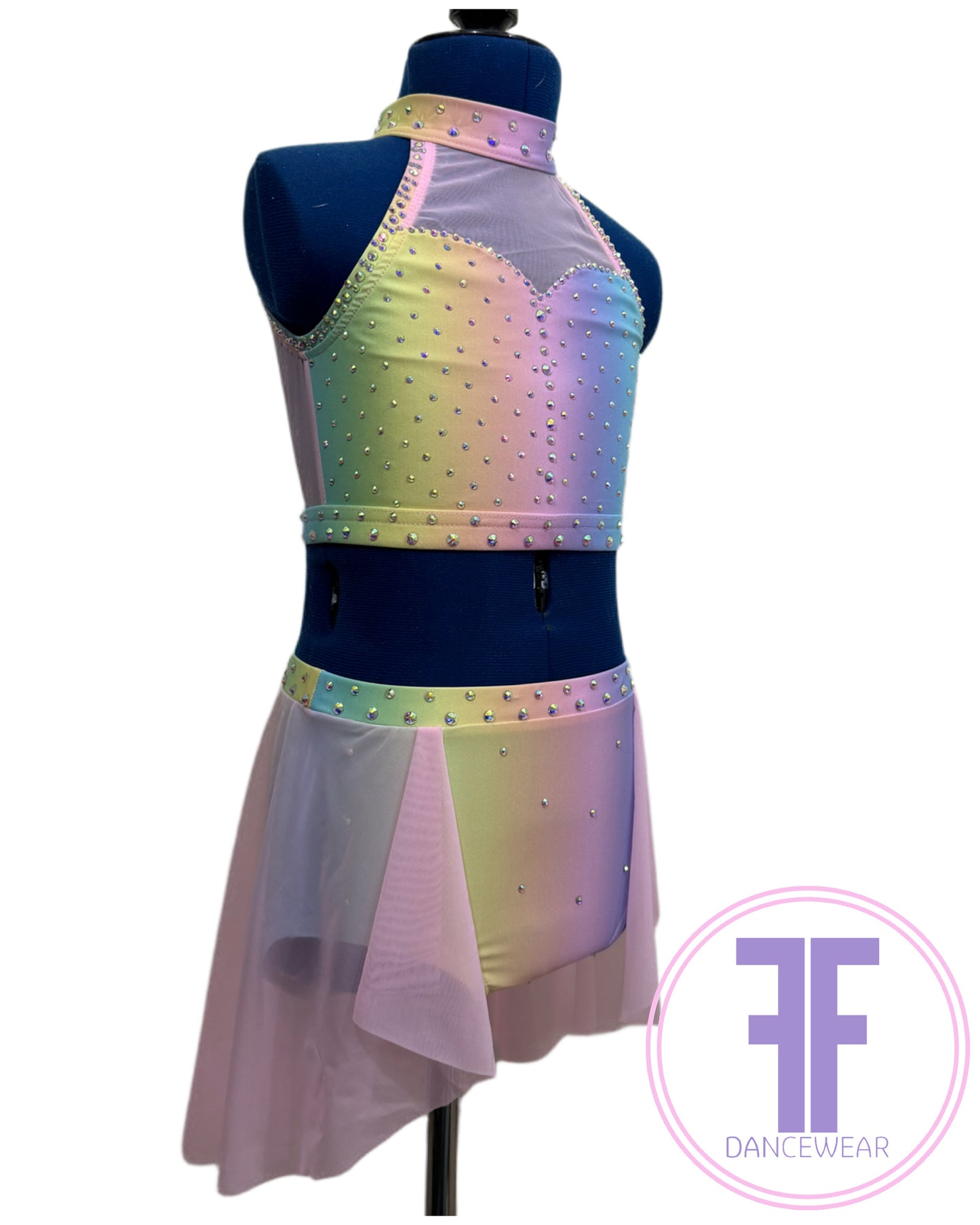 ELENA Pastel Rainbow & Pink Stoned Lyrical / Contemporary Dance Costume (7/8 yrs)