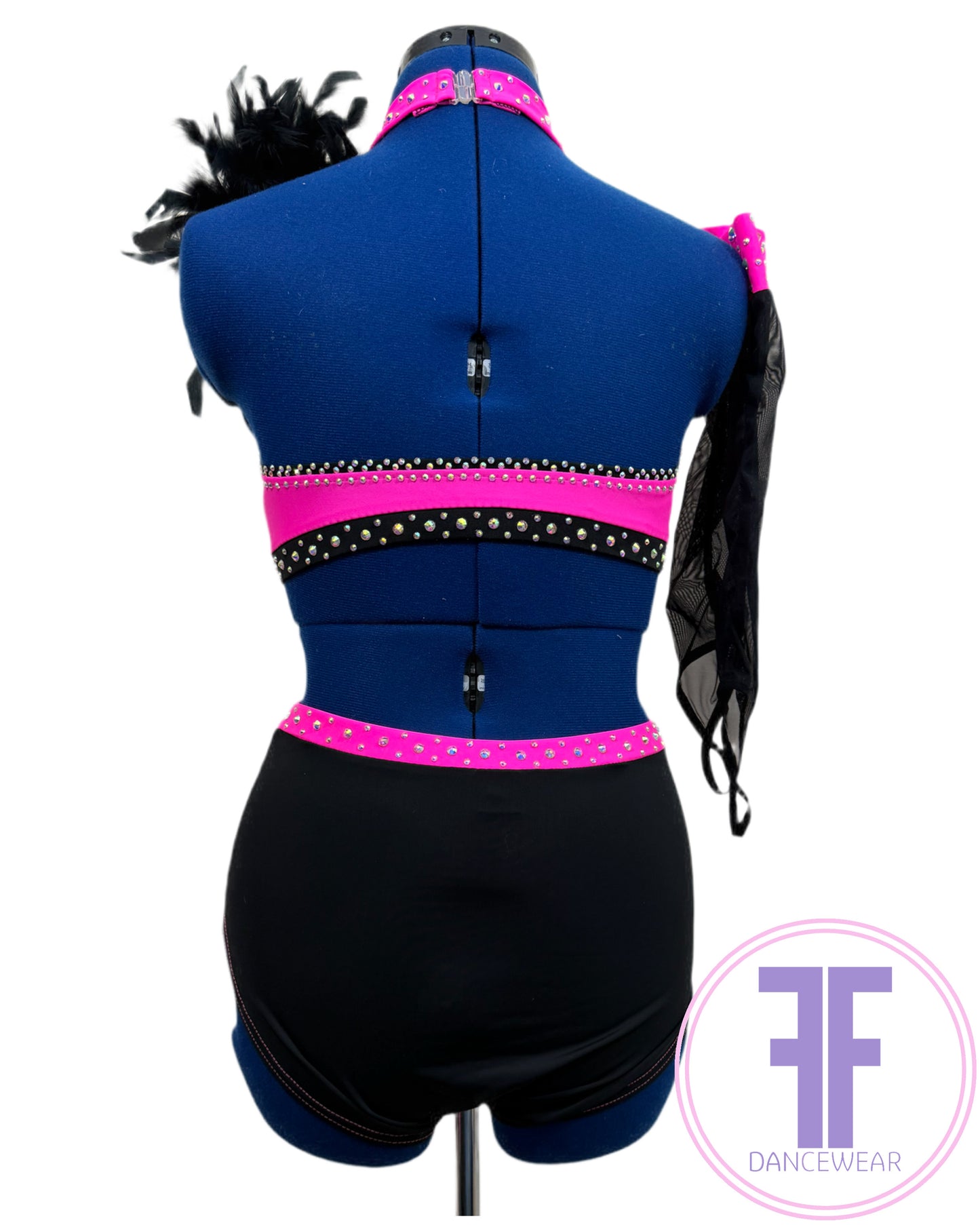 BESPOKE Neon Pink & Black Stoned Modern / Tap / Acro Dance Costume (AS)