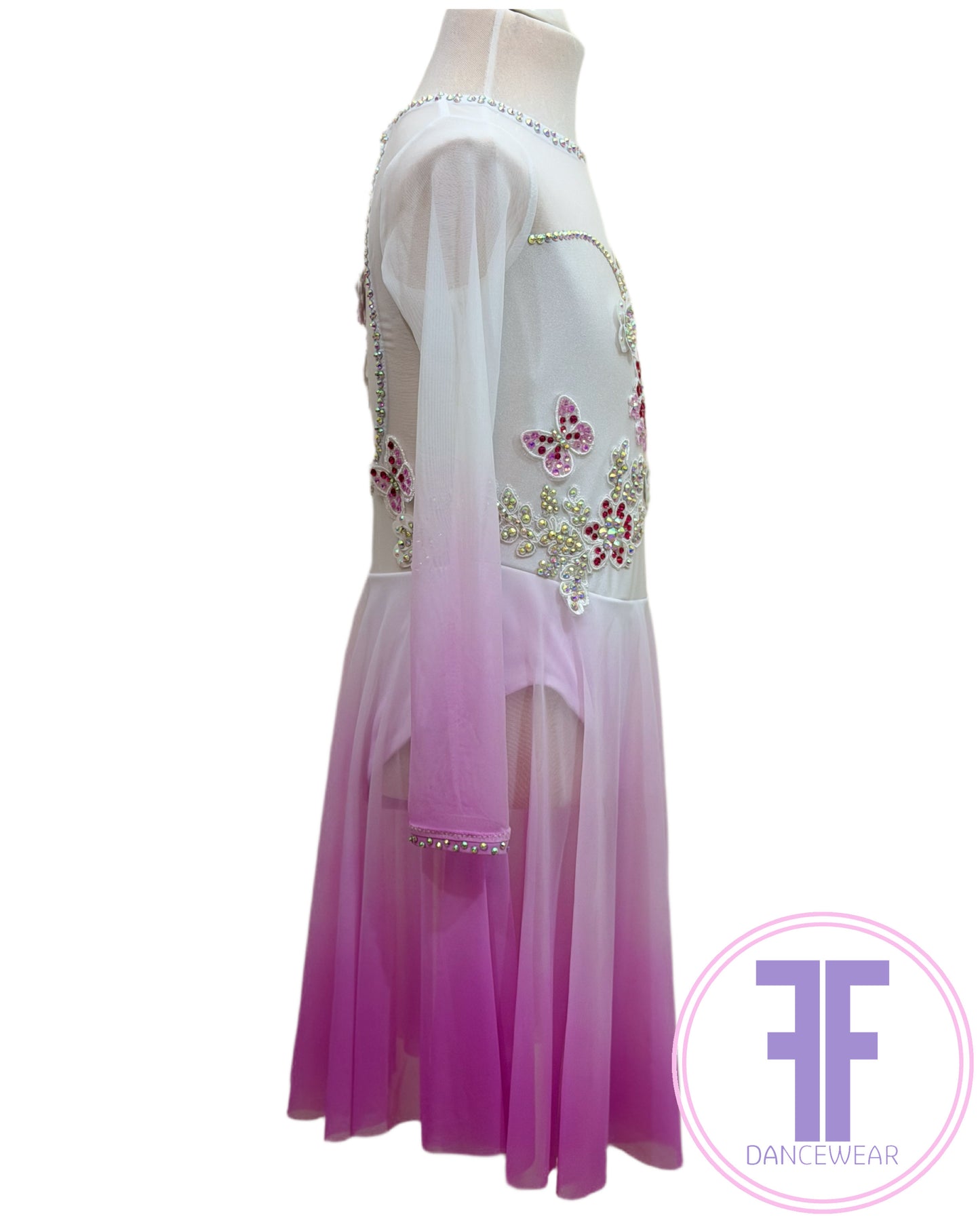BESPOKE Ombre White Fuchsia Stoned Lyrical / Contemporary Dance Costume (5/6yrs)
