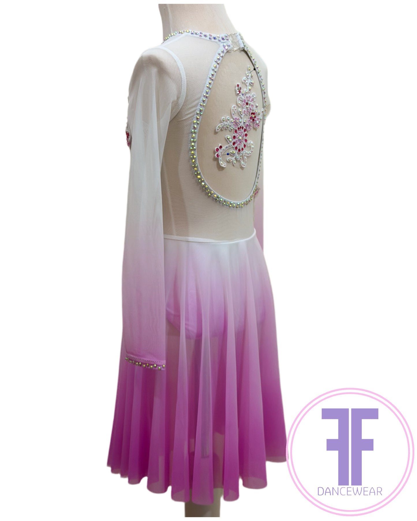 BESPOKE Ombre White Fuchsia Stoned Lyrical / Contemporary Dance Costume (5/6yrs)