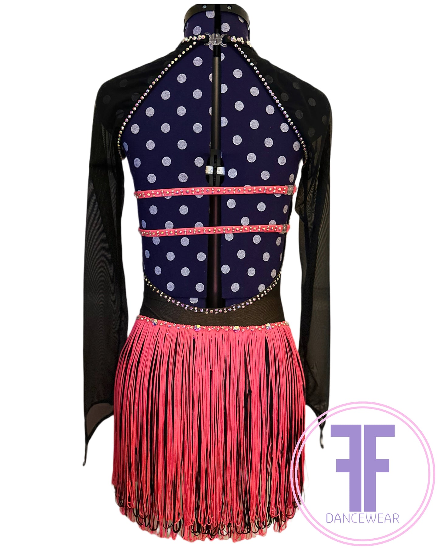PRE-LOVED Bespoke Tango & Black Stoned Fringed Modern / Jazz / Dance Costume (Approx AXS)