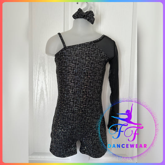 BESPOKE Black & Silver Holographic Short leg Unitard Acro / Modern Dance Costume (Size 2 - 9/10 yrs)
