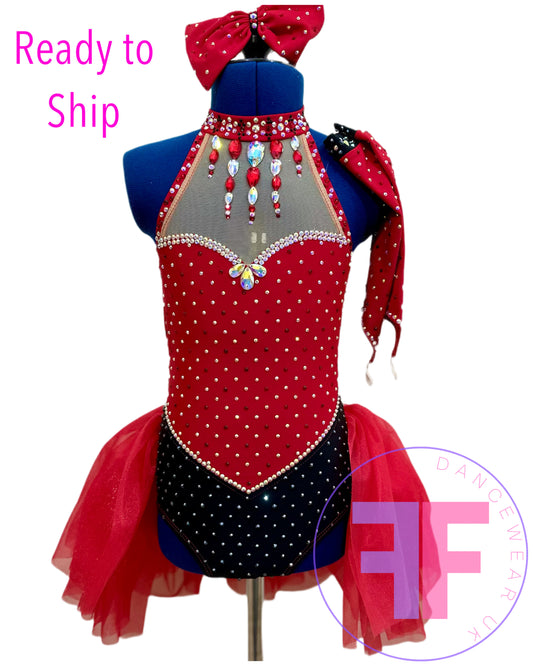 Red Heart & Black Stoned Modern / Jazz / Tap Dance Costume (7/8 yrs)