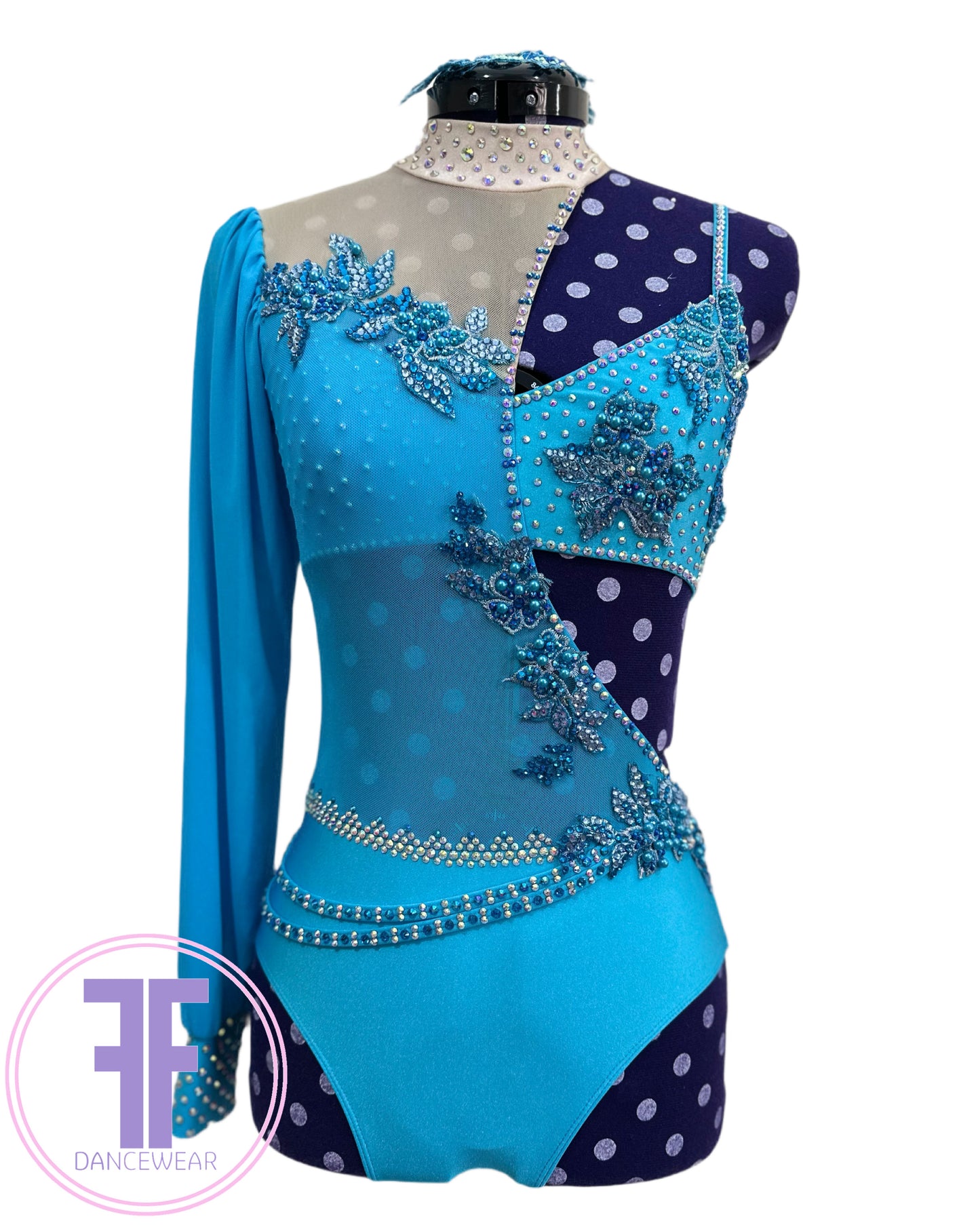 BESPOKE Turquoise Blue and Nude Stoned Lyrical / Contemporary Dance Costume (AS)