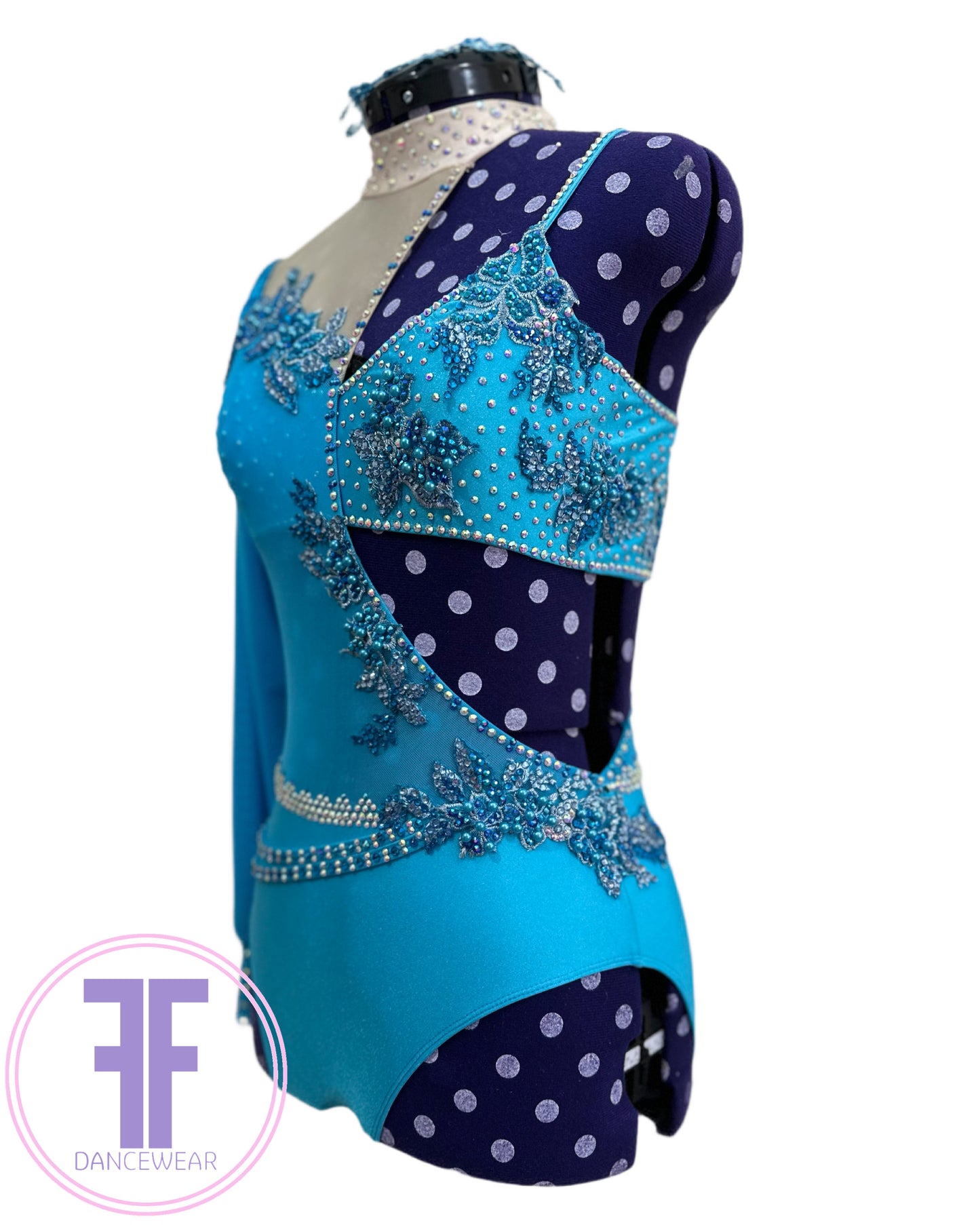 BESPOKE Turquoise Blue and Nude Stoned Lyrical / Contemporary Dance Costume (AS)