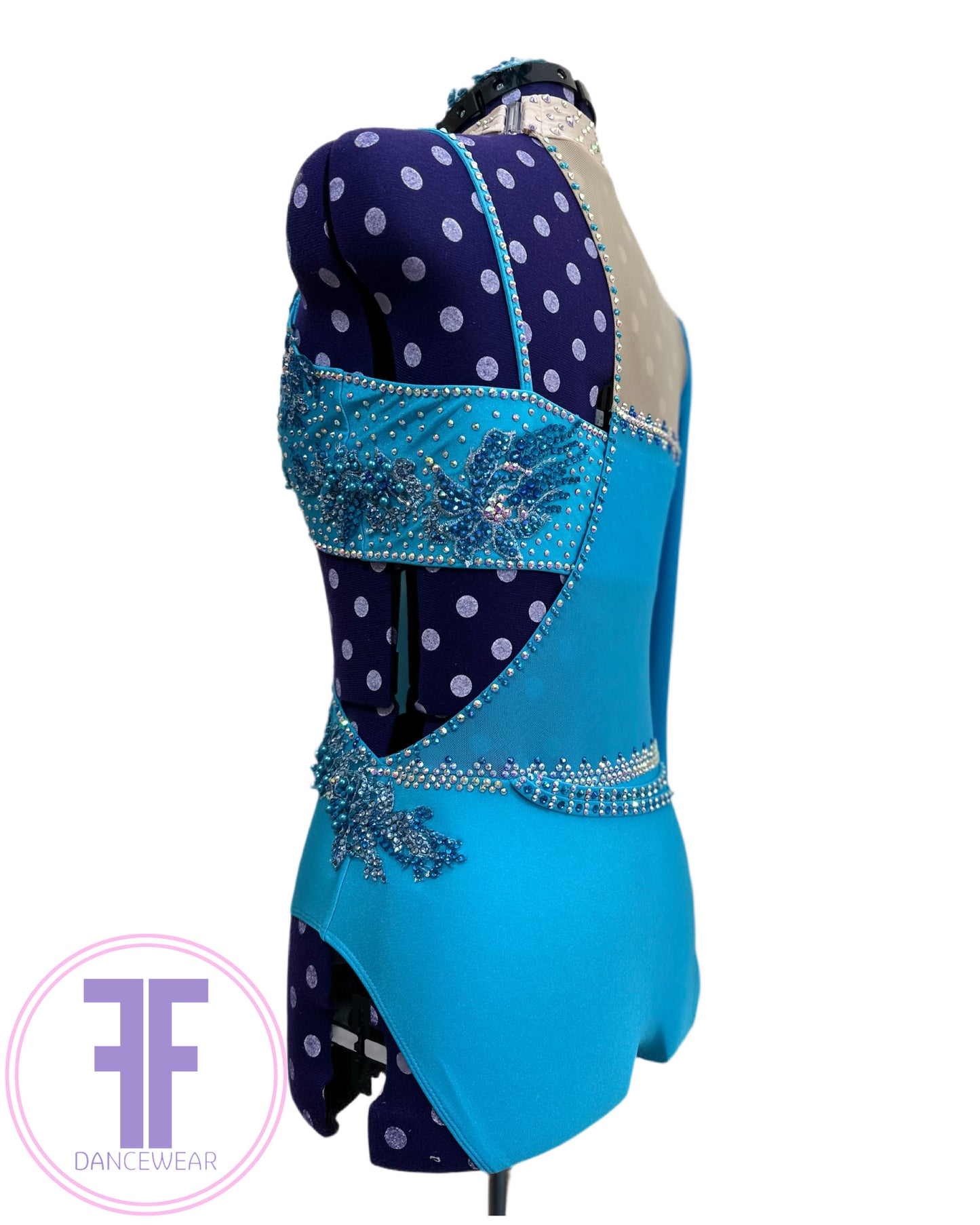 BESPOKE Turquoise Blue and Nude Stoned Lyrical / Contemporary Dance Costume (AS)