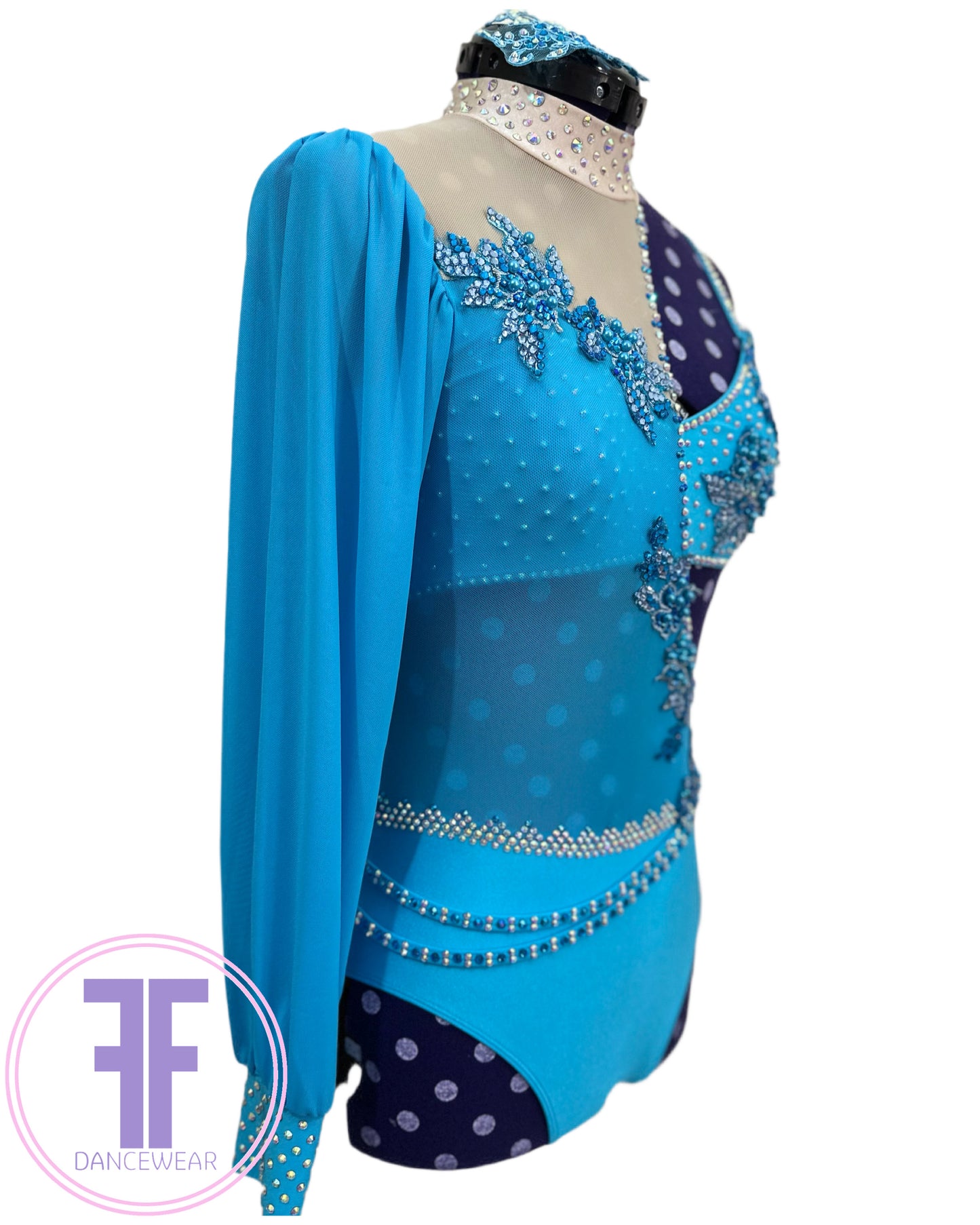 BESPOKE Turquoise Blue and Nude Stoned Lyrical / Contemporary Dance Costume (AS)