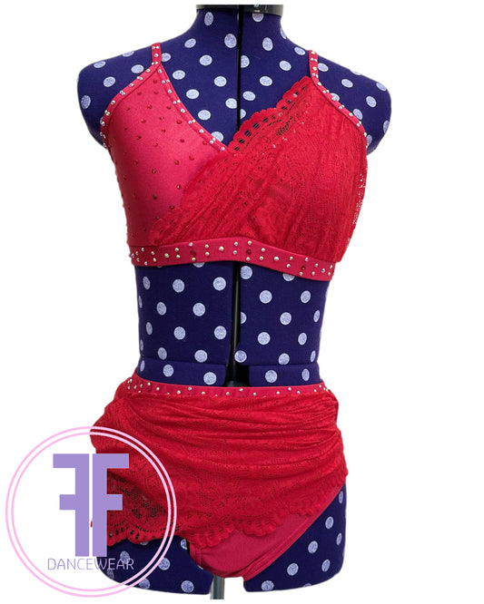 PRE-LOVED BESPOKE Red Stoned Lyrical / Contemporary Dance Costume (Adult XS)