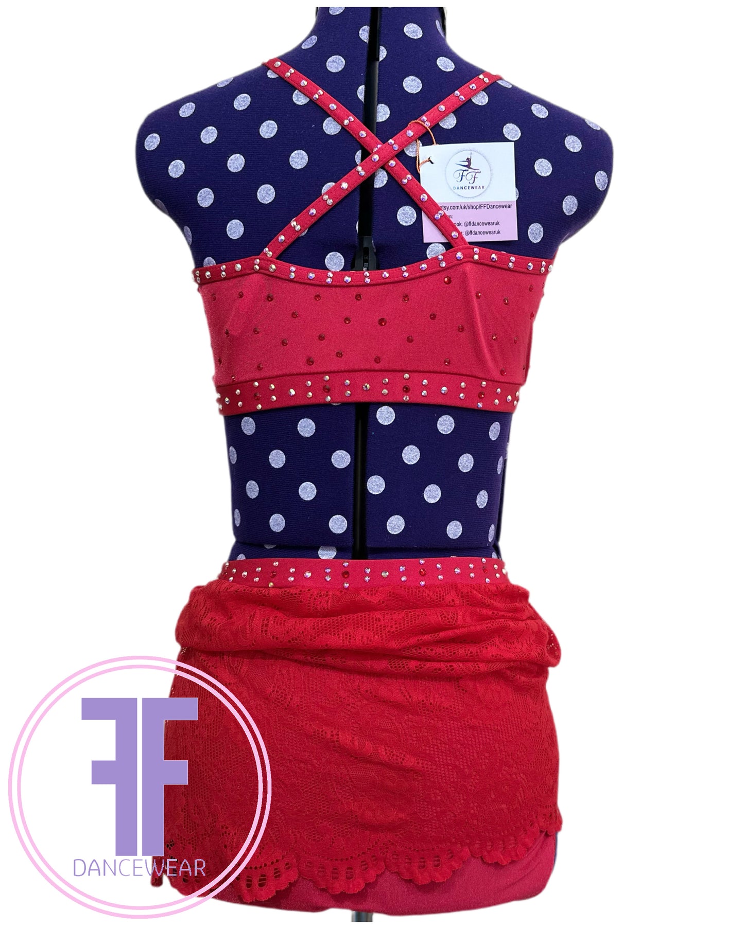 PRE-LOVED BESPOKE Red Stoned Lyrical / Contemporary Dance Costume (Adult XS)