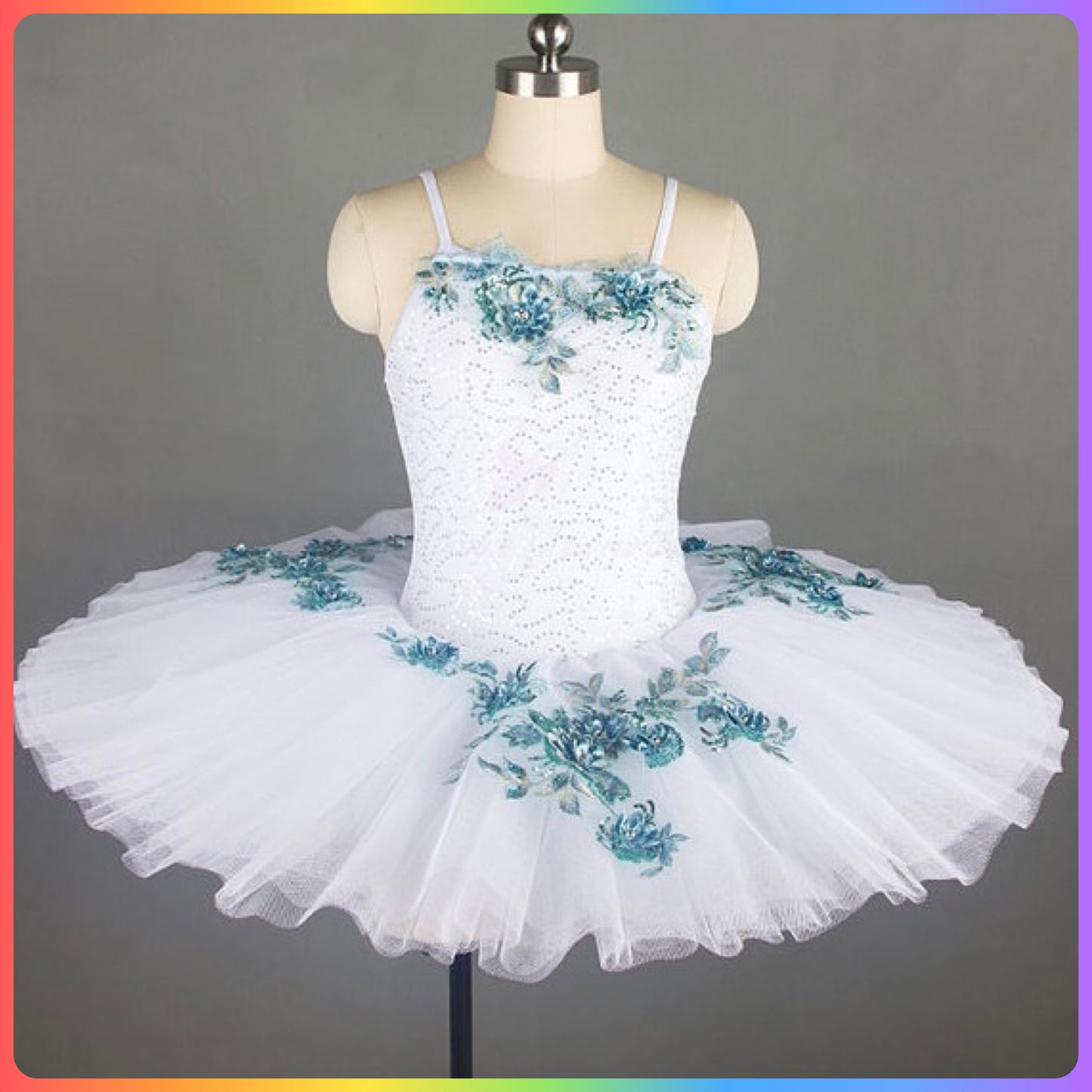 White / Blue Floral Professional Ballet Pancake Tutu (Child & Adult Sizes)