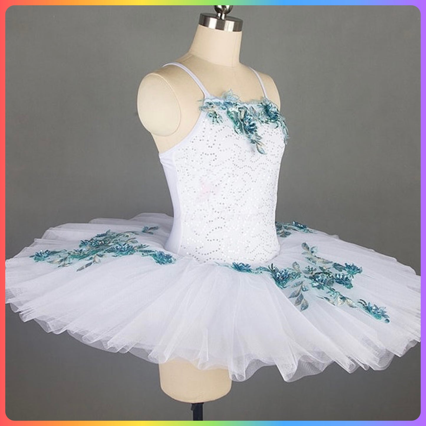 White / Blue Floral Professional Ballet Pancake Tutu (Child & Adult Sizes)