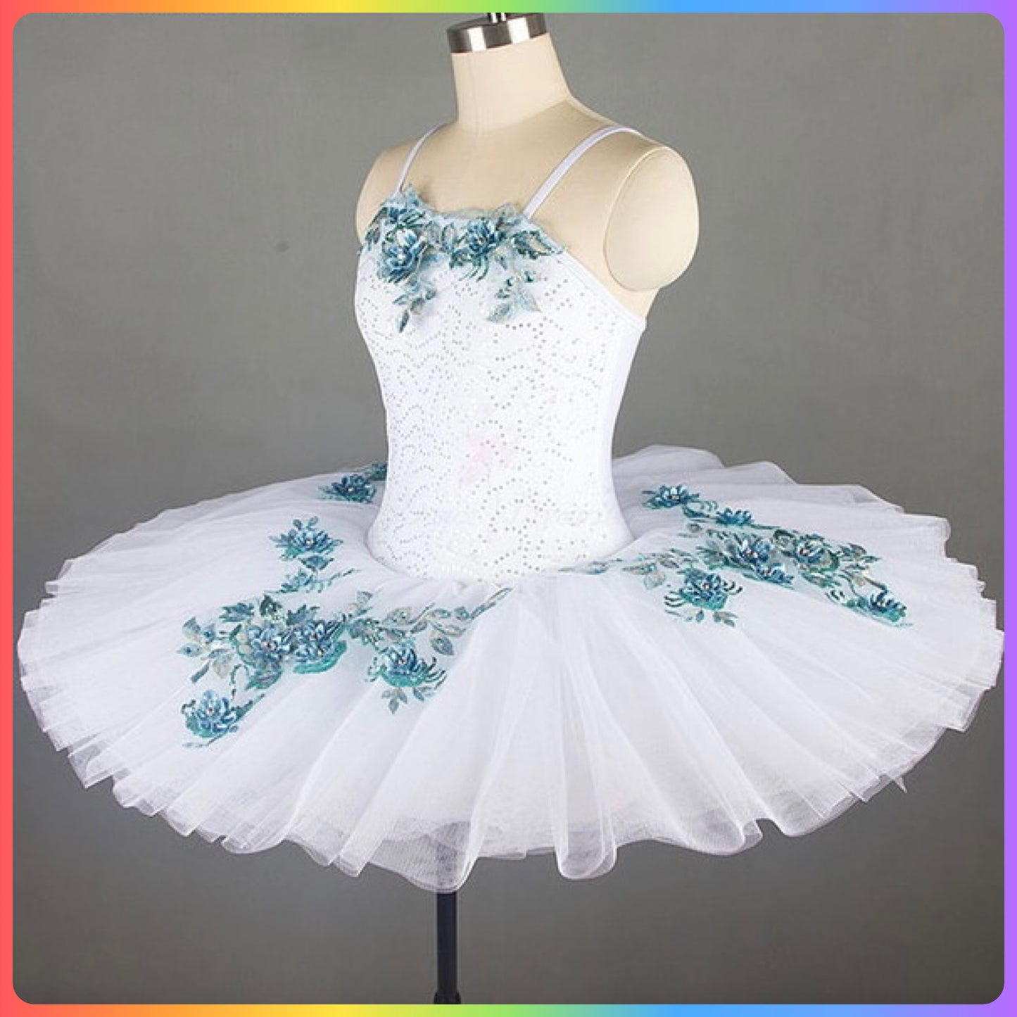 White / Blue Floral Professional Ballet Pancake Tutu (Child & Adult Sizes)